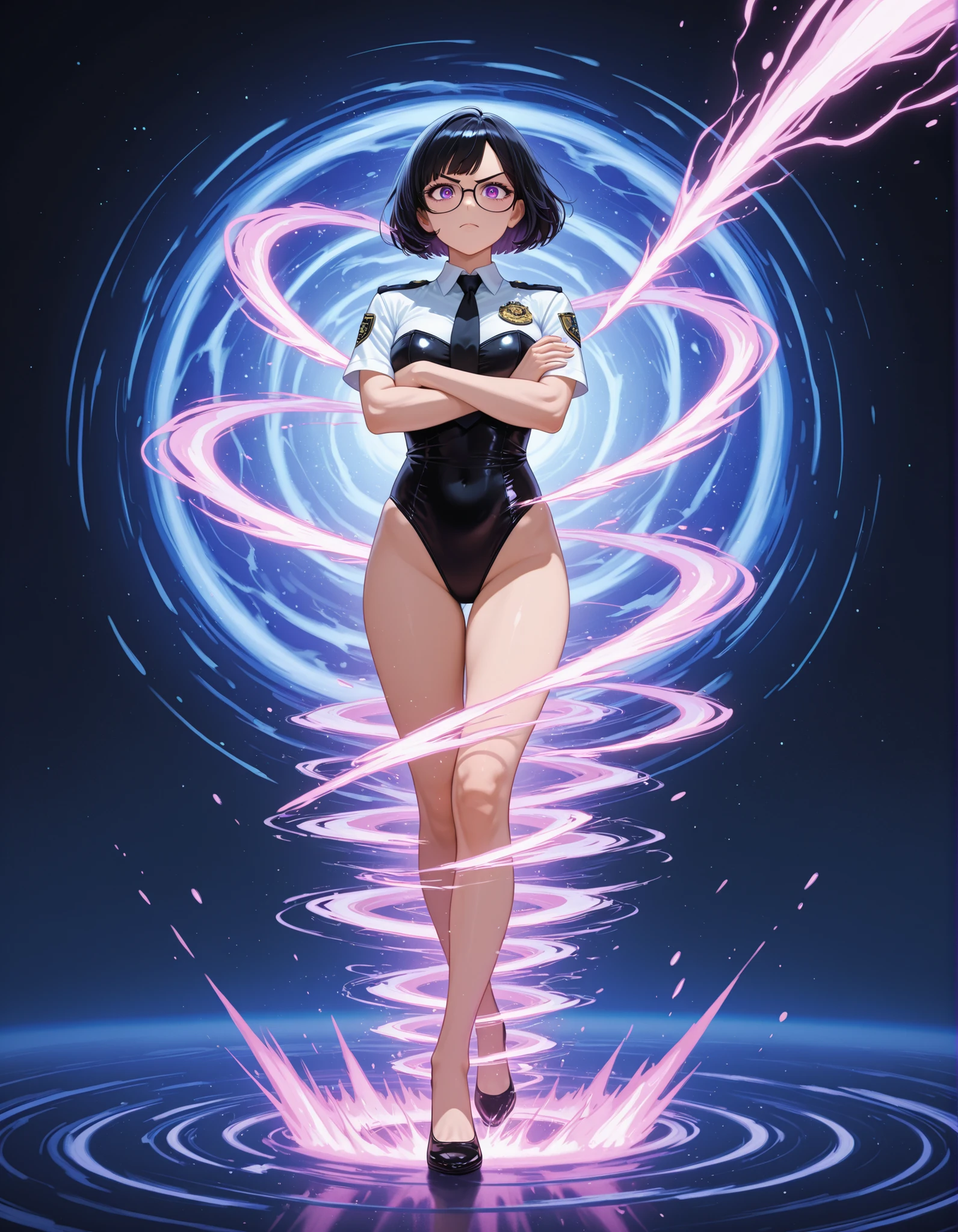 (masterpiece), (best quality), (high res), medium breasts, ((jet black hair, short hair, bob hair, purple eyes, bangs)), japanese police uniform, glasses, ((white shirt, black tie)), ((leotard, white and red leotard, matching leotard, bare legs)), matching shoes, badge, solo, solo focus, standing, (full body), cowboy shot, superhero, ((beautiful detailed eyes)), standing straight, full body shot, cowboy shot, superhero, mature lady, (perfect anatomy). spread arms, (spinning), (she spins) fast in place like a (tornado), spinning in place, tornado spinning, rapid gyration, (dynamic spin pose), space backdrop, motion blur, speed lines around her, spiral lines around her, tornado, time warp, (spinning energy pulse around her), light particles, serious.