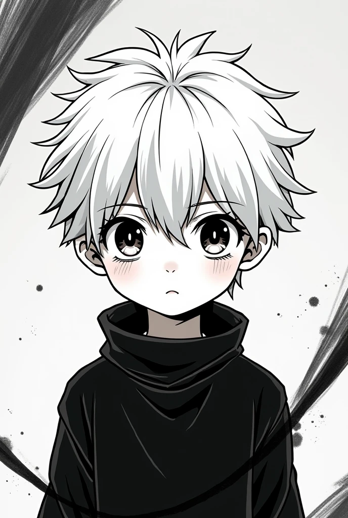 un garçon blanc qui a des cheveux blanc  . tu peux faire tout en version manga avec des couleur noir blanc et des rayures pour les place d'ombre      