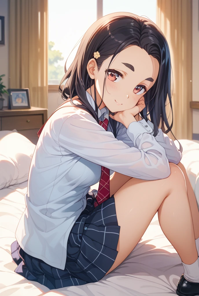(8k, RAW Photos, 最high quality, masterpiece:1.2), high qualityのRAWカラー写真, Professional photo shoot, Cinematic Light, night、Late night、alone, (((young woman, Gal))), (Sharp features), (Small face), (Skin with attention to detail:1.2), clavicle, Cute Face, Beautiful appearance, Long eyelashes,Girl Turning Around, smile, (Black Hair, Long straight line), high school student, Open shirt, White shirt,Roll up your sleeves、bracelet ((The lower half is naked)), bedroom, Embarrassing, sad, Artistic painting,Attractive thighs, White socks、(Very nice touch:1.2), (Watery eye), sad雰囲気, Oil painting style, Dark colors, (No shoes )(((Focus on the crotch))), Smooth texture, Gazing Eyes, Beautiful Skin, Glowing Skin, ((Perfect Fingers, Five Fingers, Anatomically correct)), Background Blur, high quality, Surreal, ((Very detailed, photo shoot)),,View from below、blush、、Embarrassing、Full Body Shot、Embarrassing、blush、Put your hands on the ground、(Show your audience your panties),((Sit with your right knee upright))、Disheveled Hair、Facial expression after sex、Sweaty、