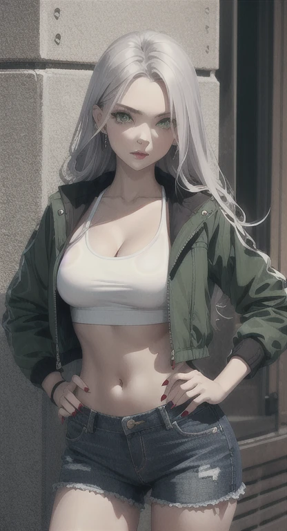 A woman（独奏），with brown eye，with short white hair，The face of an 18 year old girl，Naughty sneer，Curved body，（Complicated details），short blouse（Adidas：2.0），décolleté，shorter pants，（little ：1.0），（big assa：2，（Wide hip circumference：1.2），self-sStrike a defiant pose，（camera view），bathing towel，浴室