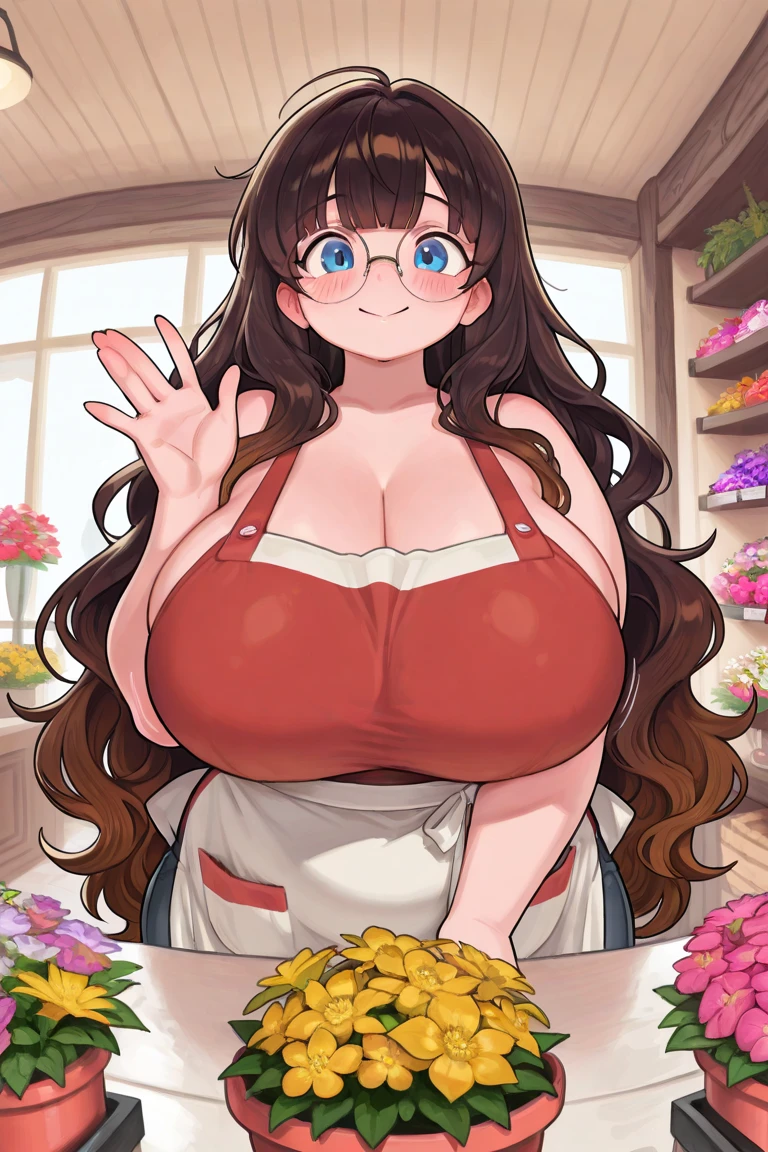 JPNIDOL, 1girl in, masutepiece, High quality, Looking at Viewer,bbw、huge-breasted、entranceway、Wearing an apron、meeting、house wife、mami