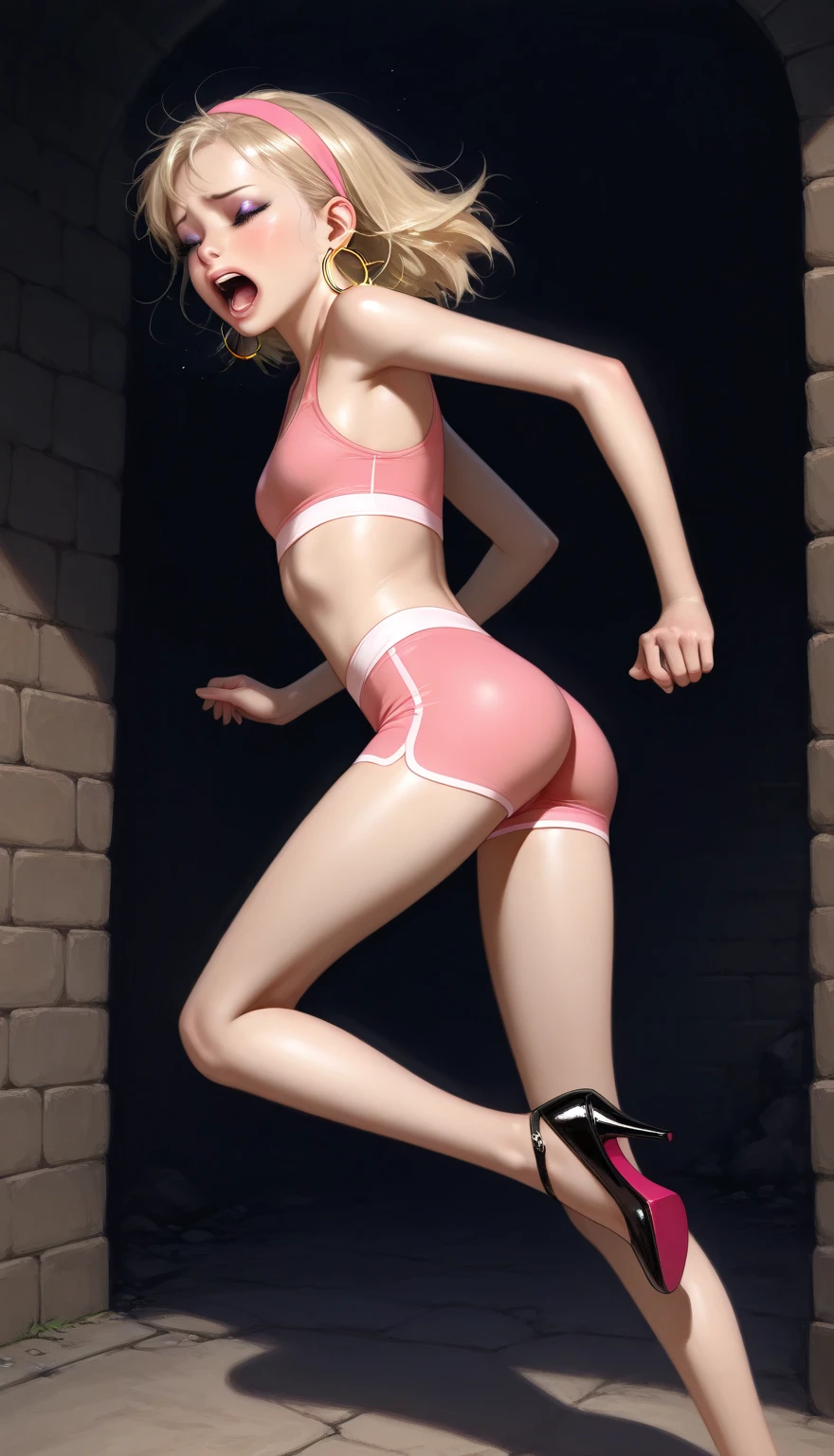 (best quality, 8k, 32k, masterpiece, ultra high definition:1.2), fashion model,18 years old,Sexy的头发,Sexy的腿,long legs,Sexy的臀,Perfect skin,拥有White skin的皮肤,((Chinese ballet dancer head shape,Sexy:1.4)),((Chinese ballet dancer back,Sexy:1.4)),,1 girl, (Sexy的腿,Sexy臀,White skin,focus,full of details,Amazing attractions), (beautiful pink shoes),((Pink navy see-through tight thong:1.4)),((Black Navy Transparent Tulle Hip Cover Long Dress,view:1.3)),take off shoulders ,bare neck,(halo:1.3)),buttocks,凸起Sexy, (stand on your back:1.3), legs spread,(((The back of the body is facing the camera:1.4))),(((buttocks facing camera:1.4))),huge stage, Peach blossoms in bloom,Chinese underwear series, NSFW, Full body back shot, light particles,see through,black background,Bottom light,bottom front view