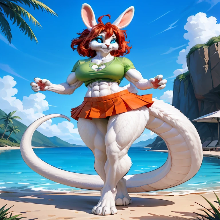 8K, ((masterpiece)), ((stunning artwork)), (carefully drawn), (highly detailed), solo, alone, uploaded to e621.net, solo, by darkgem, by kevinsano, minerva mink, blonde hair, female, detailed eyes, perfect eyes, (huge breasts:1.2), nipple outline, (bikini:1.5), standing upright, futa, (huge bulge), penis outline, bulgeJ8, bare feet, standing on sand, smiling, tail, beachside, los angeles, sunny day, brightly lit, standing upright, casual posture,
