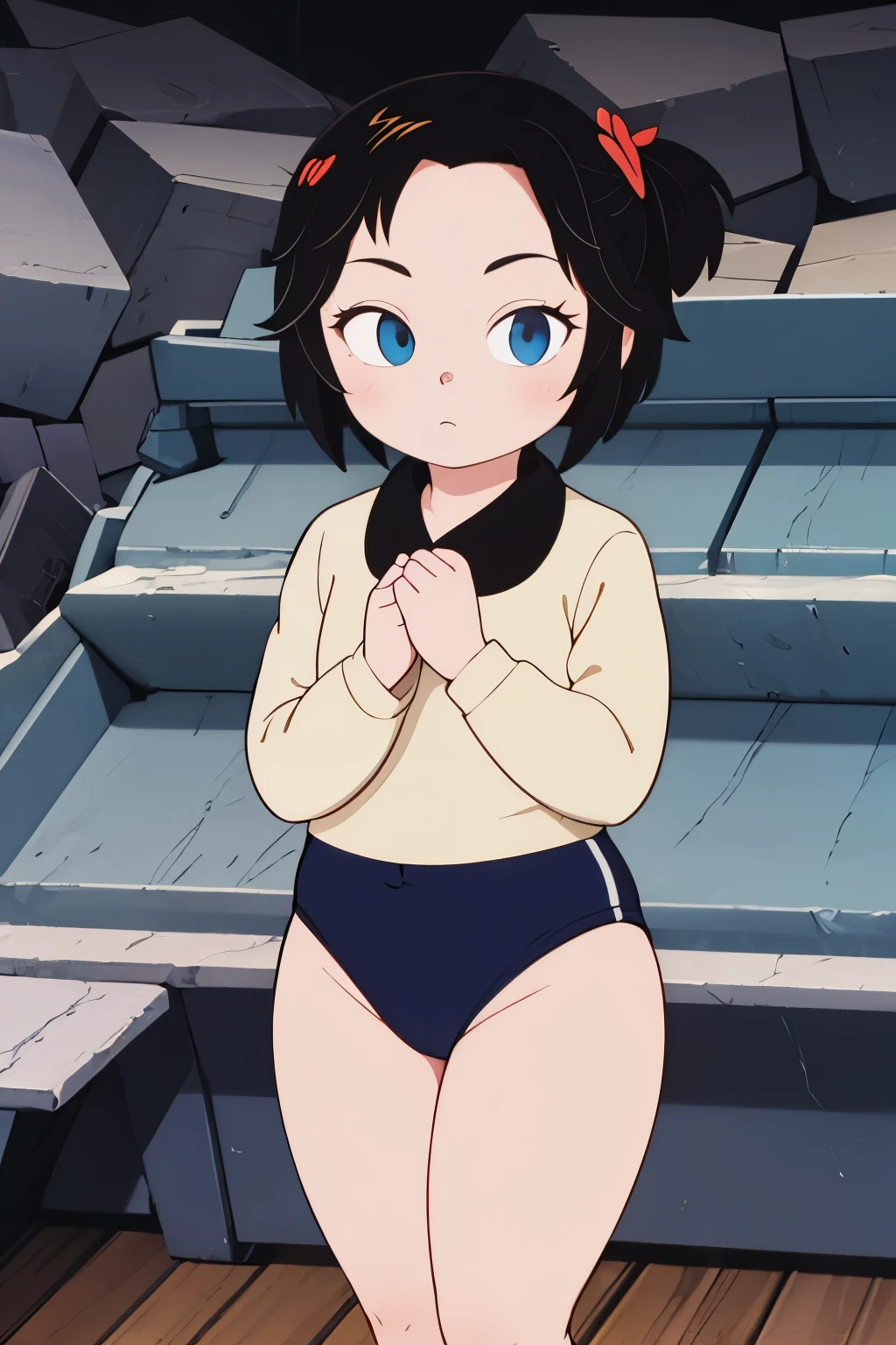 (masterpiece, highest quality), 1 girl, beautiful face, beautiful body,  wearing a Black gymnastics bloomers, High leg、white blouse,    cowboy shot、Are standing、full body portrait、Alone, complex details, enlarged textures, complex details, finely detailed eyes and detailed face, intricate details, (closed mouth), perfect eyes, equal eyes, perfect body, extremely detailed, (), extremely realistic 3d,In a dark cave