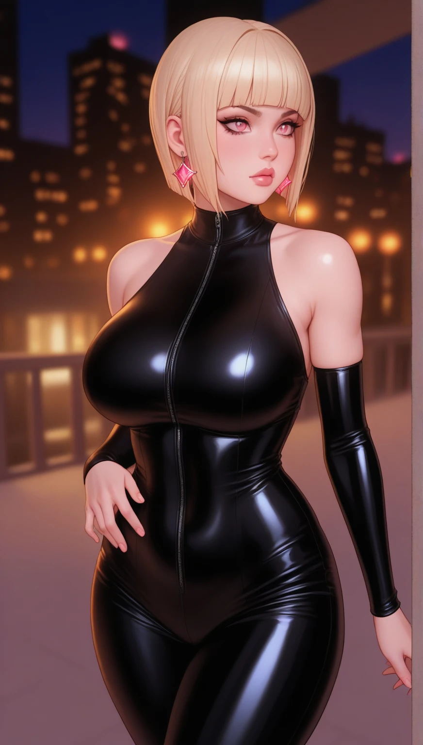 ((((masterpiece, best quality, high resolution)))), Extremely detailed 8K, Beautiful girl with voluptuous body, (Ultra HD, Ultra-detailed, Highly detailed, Highly realistic, Ultra-realistic, photograph realistic), (1girl:1.5), (Realistic blonde hair), (short silky hair, hair ornaments, earrings), (dynamic poses), facing at camera, looking at viewer, (blushing red, embarrassed, exhausted, smile), (green eyes, sharp eyes), (medium perky breasts:1.3), (wide hips:1.2), (beautiful detailed face, beautiful detailed eyes), ((black choker, tight latex bandeau dress)), (detail pussy), (standing up), sweat, glow, (nightlight), ((cowboy shot)), jazz bar, seductive, (toned muscle)