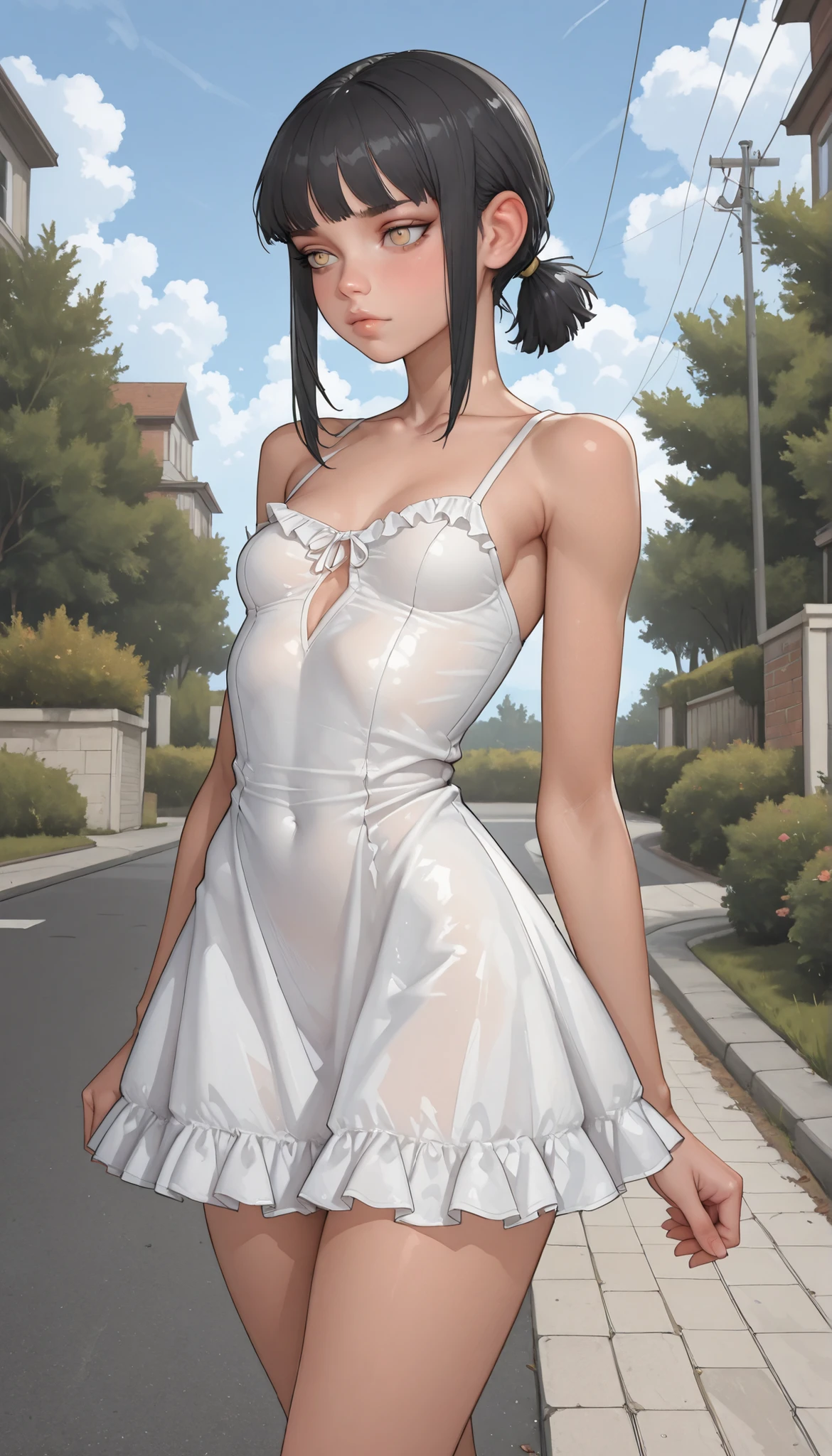 best quality,masterpiece,1girl,solo,(((9years old))),japanese girl,an extremely cute and beautiful girl,highly detailed beautiful face and eyes,petit,cute face,lovely face,baby face,shy smile,show teeth,black hair,medium short hair,flat chest,Hairless pussy, nipples sticking out on the dress,no bra,no panties,skinny,slender,(((wearing a very wet white transparent loose mini French maid dress))),(((standing in a park))),she is looking at the viewer,(((lift dress above the waist))),(((legs spreading wide))),(((NFSW)))