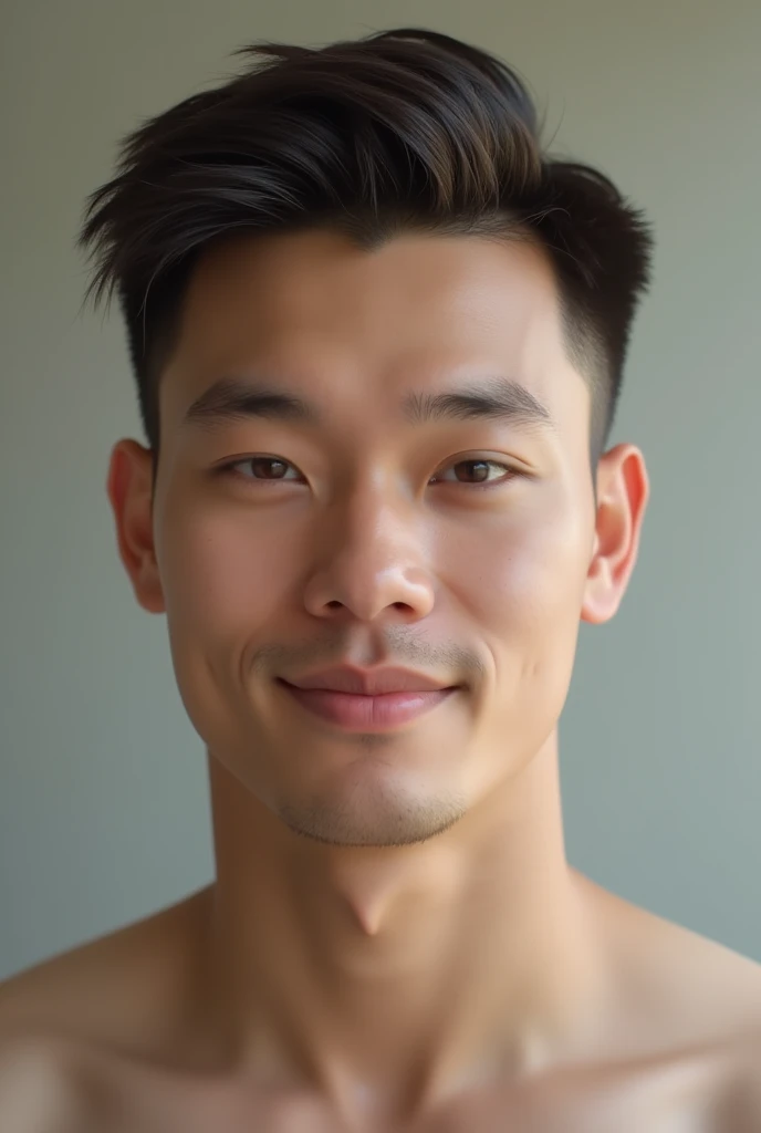 Draw a Korean male CEO in his 40s facing forward with a smiling expression, portraying a vibe commonly seen in product reviews,full-naked
