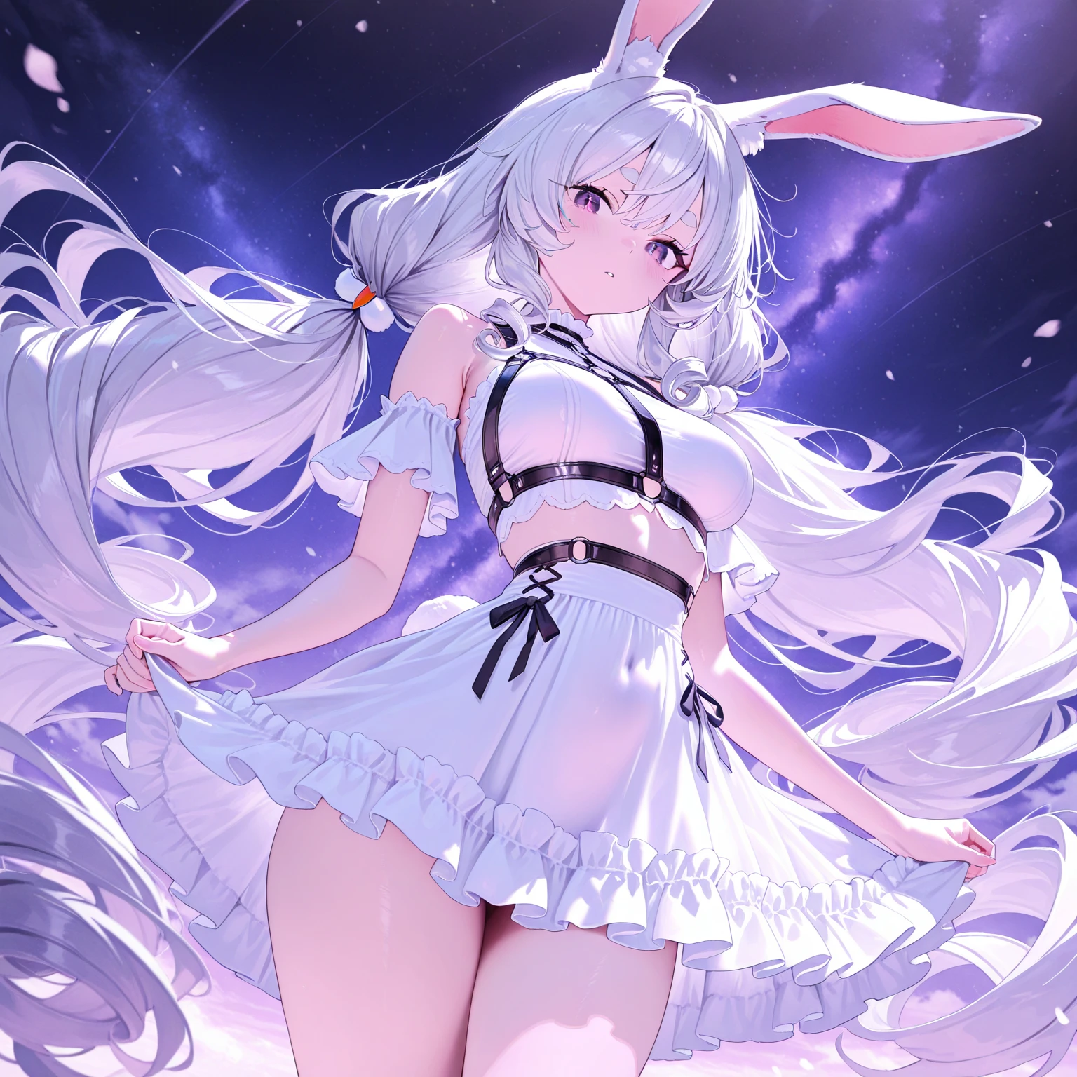 (((Alone))),(((Woman))),(((Big breasts))),(((White Rabbit Ear))),(((White hair))),(((Thin waist ))),(((Thick thighs))),(((Reddish pink eyes))),(((Pale skin)))