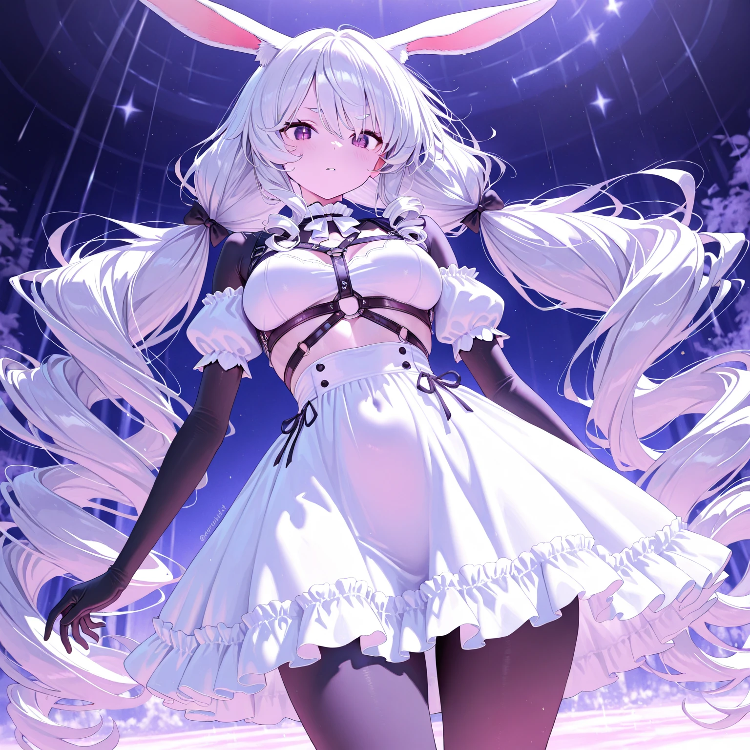 masterpiece, ultra detailed background, complex detailed background, delicate pattern, intricate detail, highly detailed, fine details, best quality, beautiful lighting, 4K, 8K, beautiful detailed eyes, glowing eyes, shine eyes, medium breasts,
looking at viewer, (cowboy shot:1.1), angry, standing, closed mouth,
(rabbit face:1.3), (very very long hair:1.3), (hair length to the ankle:1.3), white hair, lots of hair, (white sidelocks:1.2), (very long sidelocks:1.3), (sidelocks length to the chest:1.3), (hair ornament:1.3), (red pupils:1.2), (black whites of eyes:1.3), rabbit ears, rabbit girl, (white skin:1.3)
(white top:1.3), (white top wear:1.4), (black skit:1.3), broken skirt, (sleeveless:1.3), (red bow tie on neck:1.4), (white neck circumference:1.4),
outdoor, (full moon:1.2), mountain top,
<lora:CarrotOP_NDV:0.9>, CarrotOP_NDV,
<lora:more_details:0.2>,
<lora:detail_slider_v4:1>,
<lora:emotion_angry_slider_v1:1>,
<lora:color_temperature_slider_v1:-4>,
<lora:GoodHands-vanilla:1>,
<lora:shou-v50:0.2>