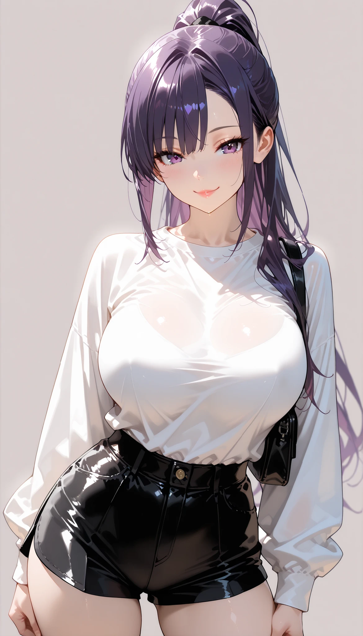 Masterpiece, highres, high Quality, detailed face, detailed body render, 1girl, solo, hyuuga hinata, hinata-sleeveless-outfit, large breasts, big breast, sleeveless shirt, fishnet top, dark lips, unzipped jacket, no bra, breasts out, nipple, standing, blushes, (on bedroom)