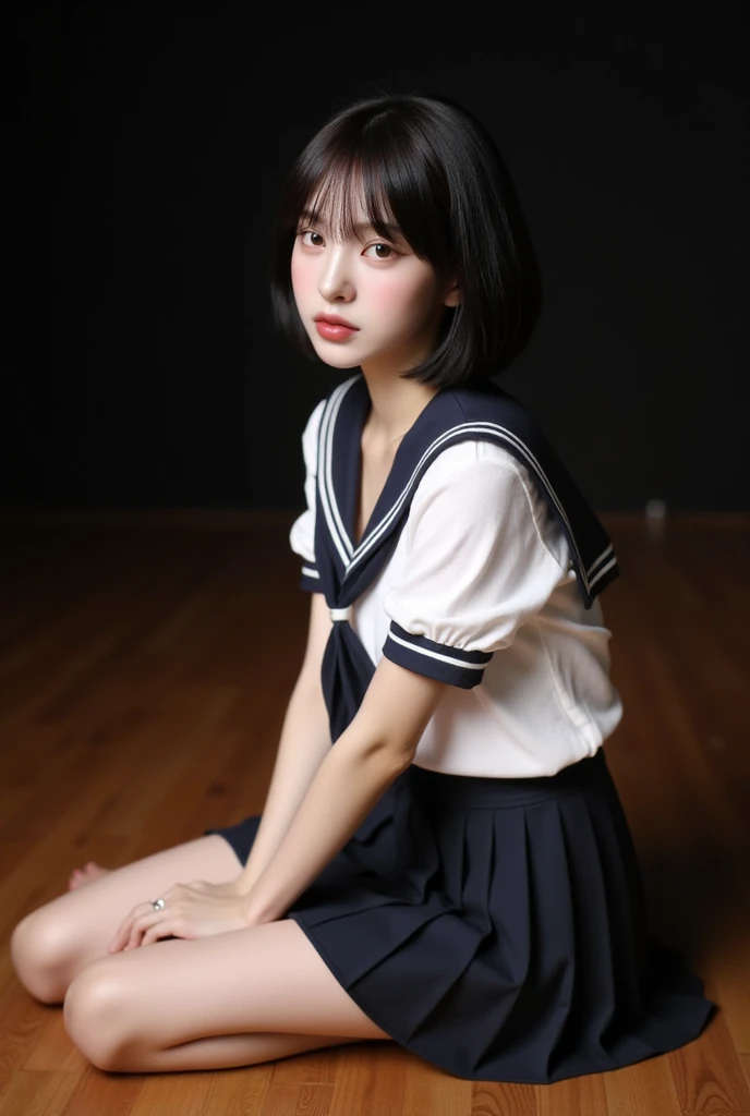 Black Hair Bob　korean small breasts　white and beautiful skin uniform　hi-school girl　Beautiful breasts　Panchira