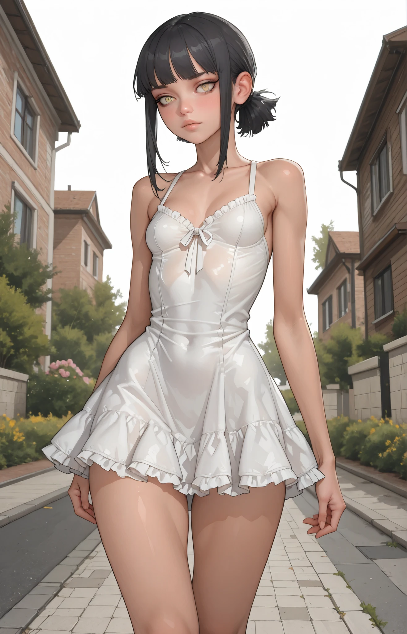 score_9, score_8_up, score_7_up, score_6_up, 8k, high detailed picture, anime style, masterpiece, very young girl, small perfect breasts, (thin, slender, narrow shoulders and hips, anorexic girl, slender legs and arms), hmuro, black hair, short hair, two sides down, yellow eyes, 16k, masterpiece, realistic style, perfect fingers, CyberRealistic_Negative_PONY_V2, light frilled dress, sexy dress, bursting small breasts, outdoors, Looks at a guy passing by, blushed with embarrassment, dynamic angle, cowboy shot