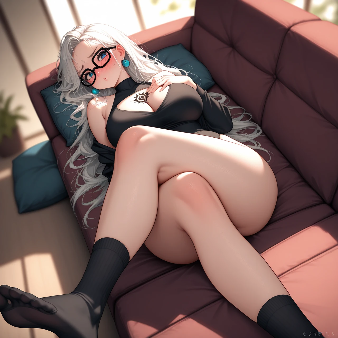 huge tit, Simple background, skin tight, cuteexpression ,Masterpiece,(Best quality,(Shiny skin),realisticlying,legs separated,spreads her legs apart,Silver glasses,busty figure,Place your hands next to your face,near,Areola,Exposure to sexual organs,The lower body is heavily exposed,The upper body is severely exposed,White transparent breast patch,Smile Expression,White transparent lace