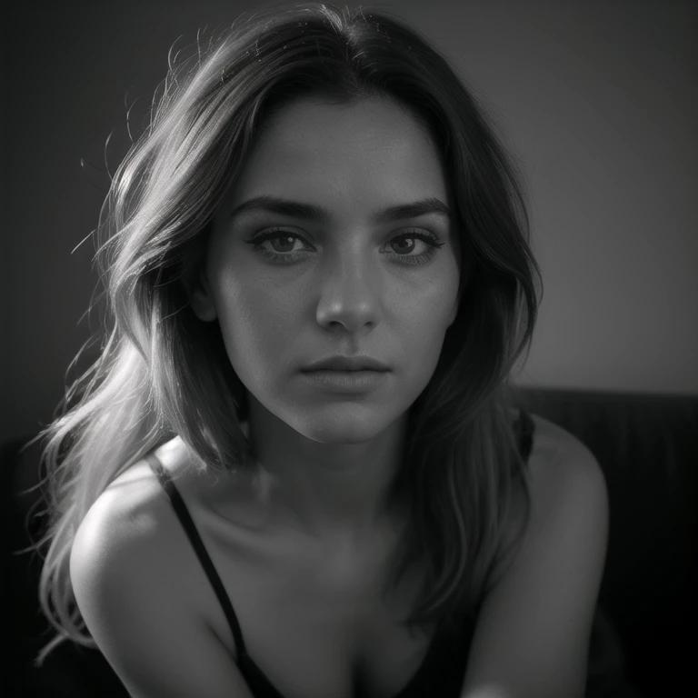 studio portraits 201314 – portrait of Lois Griffin, lingerie, freckles, in the style of patrick demarchelier, stark black-and-white photography, panasonic lumix s pro 50mm f/1.4, chromatic intensity, soft-focused realism, nsfw