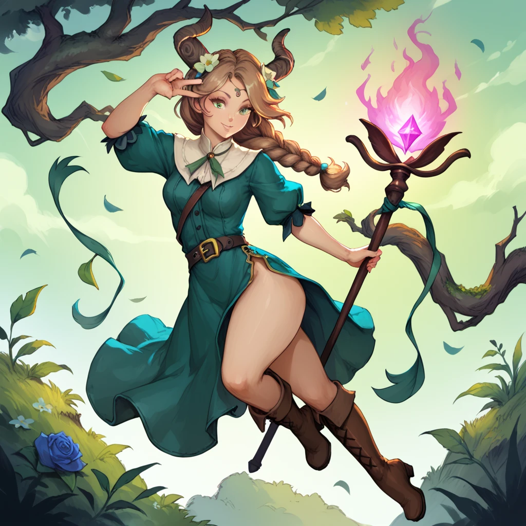 (masterpiece, best quality, ultra detailed, beautiful illustration), atmospheric perspective, depth of field, beautiful detailed eyes, anime eyes:1.4, looking at the viewer, (full body), fighting stance, dynamic angle, (outdoors, forest), 1girl, frown, (huge breasts), <lora:FinalFantasy_FemaleGeomancer:1>, GeomancerFFT, long hair, blonde hair, twintails, low twintails, brown eyes, brown dress, hood, gloves, boots, (spellcasting:1.6, casting magic:1.6, nature magic:1.6, green effects:1.6, magic effects:1.6,  growing vines:1.8, magic circle:1.6, aura surrounding:1.6, floating leaves:1.6)