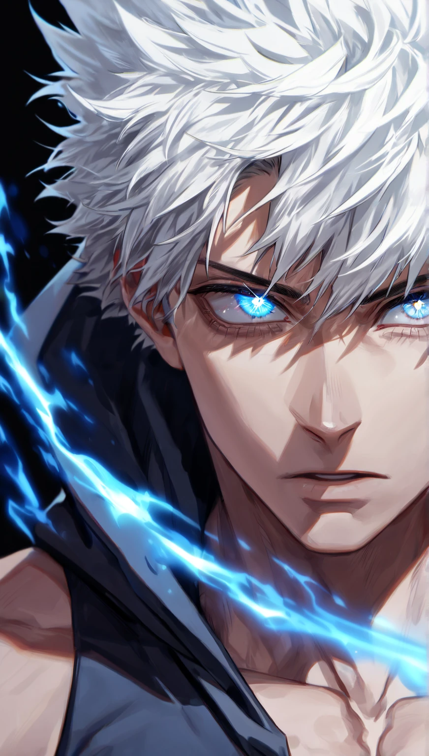 Ultra detailed, ((Alone un hombre)) high resolution, Masterpiece, ((White hair )) (( celestial eyes)),(( A man with black hair)) expressive,((detailed)) (( a tight sleeveless hooded shirt)), My hero academia, a handsome and sexy man, ((Alone)), brilliant, toned chest, ((detailed face and eyes,)) perfect way, better quality, Black background,a blue energy aura blue Close-up of a focused man