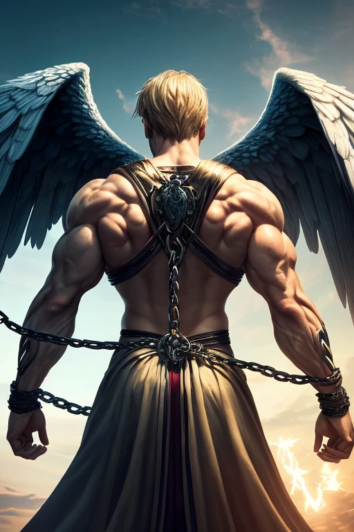 Mighty male angel brown skin complexion with lightning emitting from his being protecting female angels in the back ground from danger