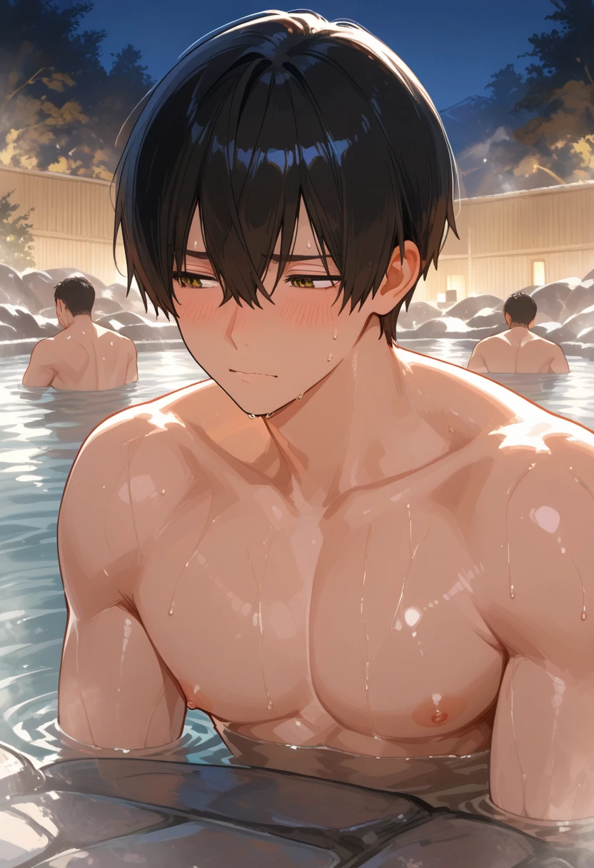 1 man, masterpiece top quality, chubby, belly, round face, shirtless, only black big hoodie, squatting, rain, white small swimsuit, poolside, gachimuchi, (erection: 1.8), scheming smile, 30 years old,