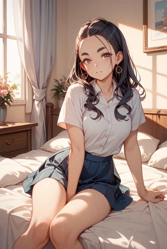 beautiful girl, solo, full-bodied, standing, long black  hair,  medium breasts, JK, high school outfit , soft smile, sitting on the bed, model pose, temptation, 