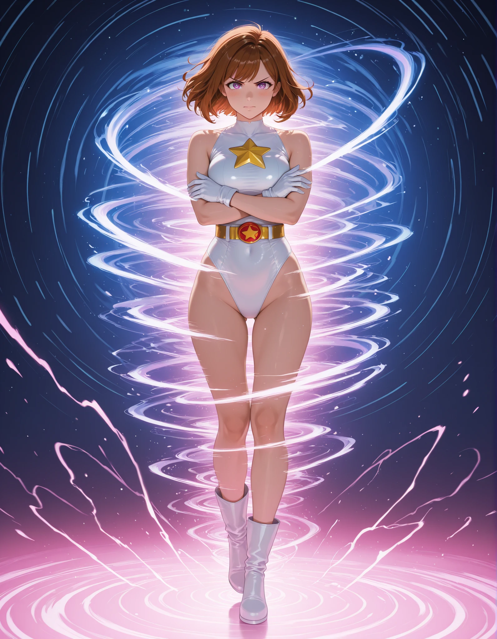 (((pixel-perfect, detail-perfect))), 1girl, superhero, leotard, highleg leotard, ((white and blue leotard)), bare legs, boots, gloves, ((white gloves)), standing, solo focus, (golden belt), hands on hip, full body shot, outer space, sleeveless, ultra highres, absurdres, beautiful face, detailed eyes, symmetric eyes, perfect body, good proportions, mature lady, brown hair, bob hair, (blue light, light swirls around her body), ((gold star on chest)), ((green eyes))