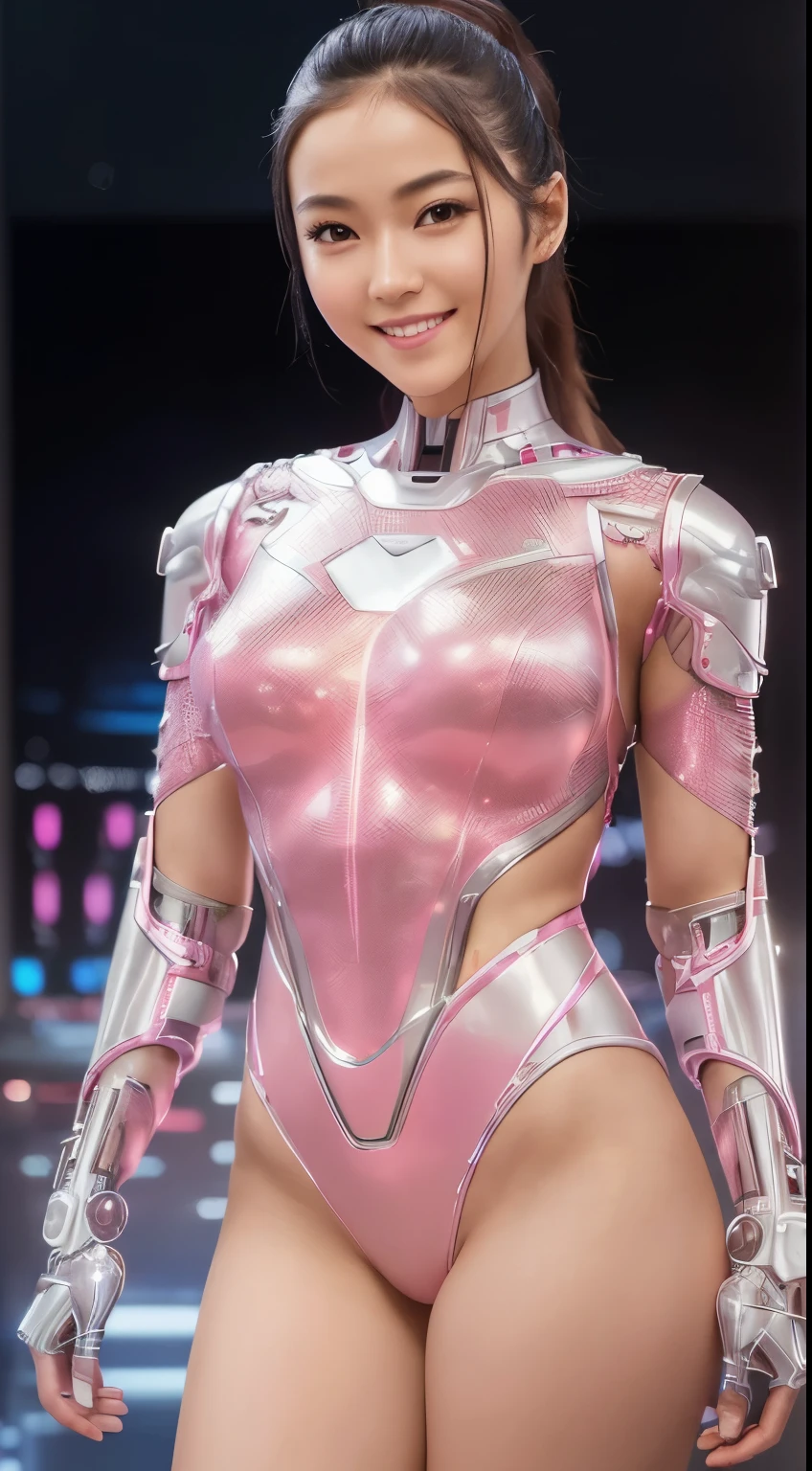 派手なPink metallic powered armorを着た25歳の美しい日本人女性:1.8, Pink metallic powered armor:1.5, No skin exposure:1.5, smile,Big Breasts:1.5,Black Hair:1.5
