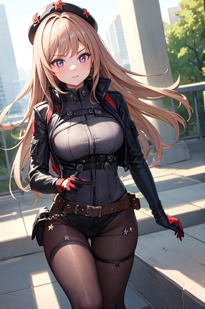 ddlcmonika, ddlcmonika, blunt bangs, brown hair, (green eyes:1.5), long hair, ponytail, ribbon, white ribbon, hair ribbon, sidelocks,
blonde hair,1girl,hand_on_hip,brown eyes, masterpiece, best quality, highly detailed, a girls with a gun, evil smile , open mouth, sexy gaze, badass
pose , evil smile, smile, (nsfw) not safe for work, guns blazing, anime girl with long hair, beautiful long
haired girl, navel, evil expression, exposed belly, exposed navel, exposed midriff, exposed lower belly,
long black pants, crop top, cleavage, unbuttoned leather pants ,open fly, low rise black leather pants,
leather jacket, holding a gun, outdoor,street,road, navel piercing