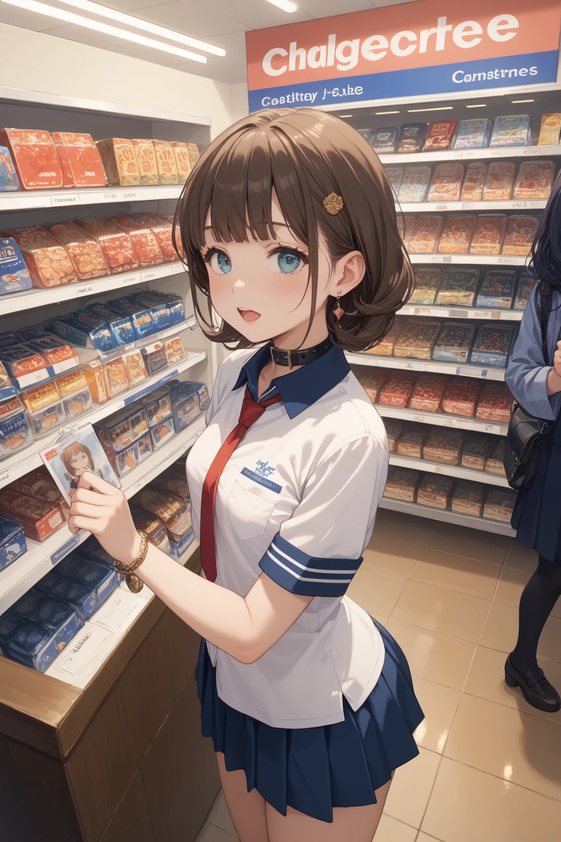 ​masterpiece、masutepiece、High Quality、Anime girl is eating croquettes、14years、cute  face、Delicious look、Wearing a uniform、The outer coat is brown、Japan school uniform、tight skirts、FULL BODYSHOT、The background is a nostalgic Japanese shopping street