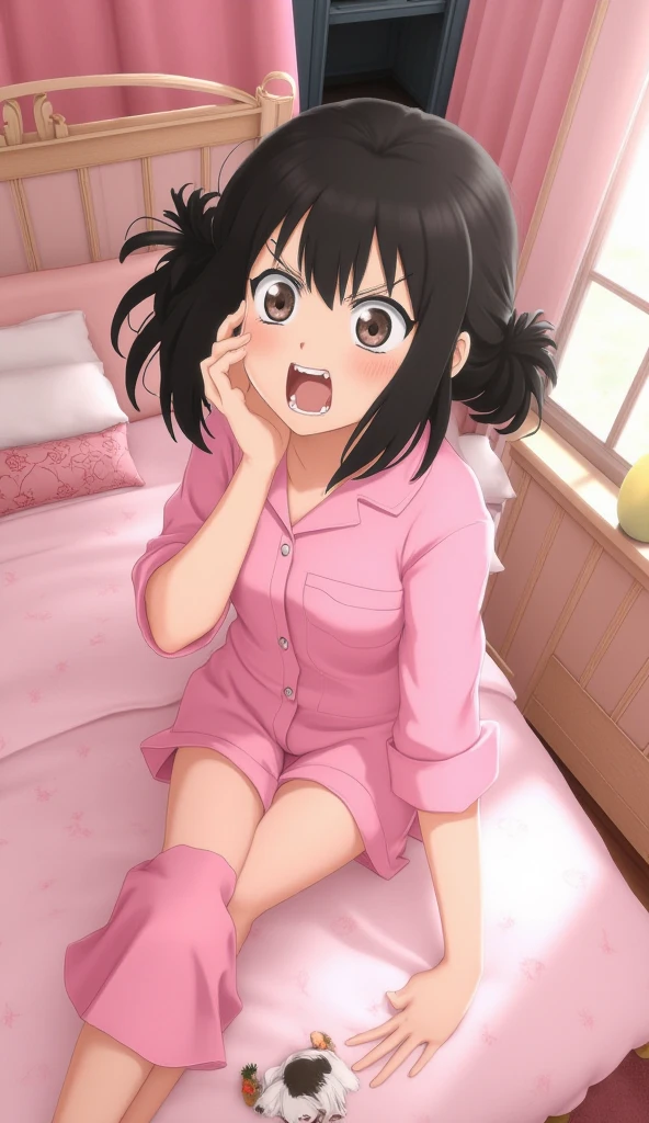 (Highest quality:0.8) Perfect anime illustration, cute, Happy woman with short curly brown hair in her room, Wearing a hoodie, skirt,Chill out