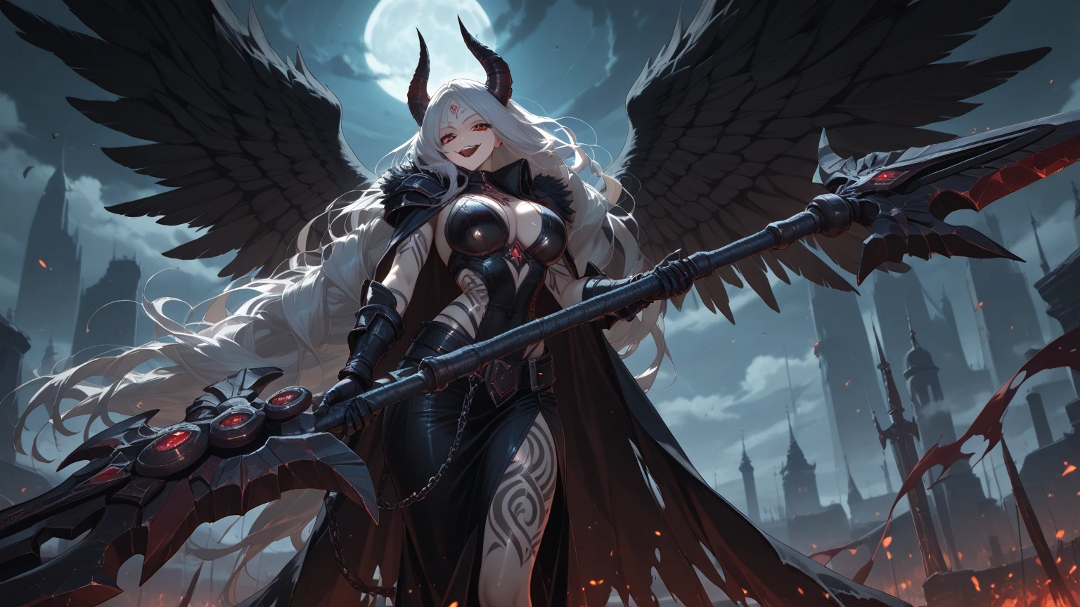 silver hair, very long hair, shiny hair, halo, demon horns, red eyes, long pointy ears, evil smile, big breasts, Red Full Moon in the background, angel wings, Surrealism, Hyperrealism, anime style, UHD, masterpiece, textured skin, textured skin, best quality, 16k, full body standing