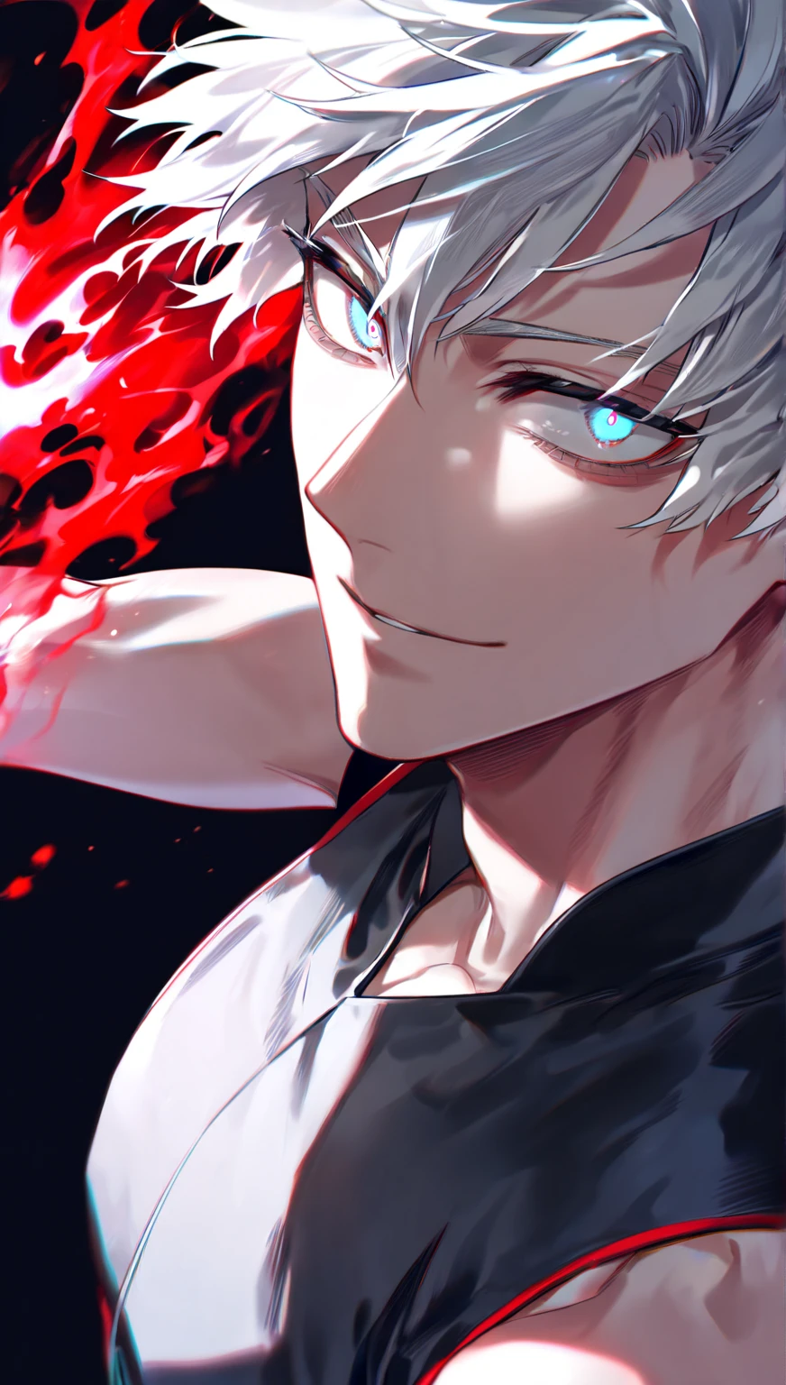 Ultra detailed, ((Alone un hombre)) high resolution, Masterpiece, ((White hair )) (( heavenly eyes color red)),(( A man with black hair)) expressive,((detailed)) a slight smile, attractive look, (( a tight white sleeveless shirt with a black vest)), My hero academia, a handsome and sexy man, ((Alone)), brilliant, toned chest, ((detailed face and eyes,)) perfect way, better quality, Black background,a red energy red aura Close-up of a focused man