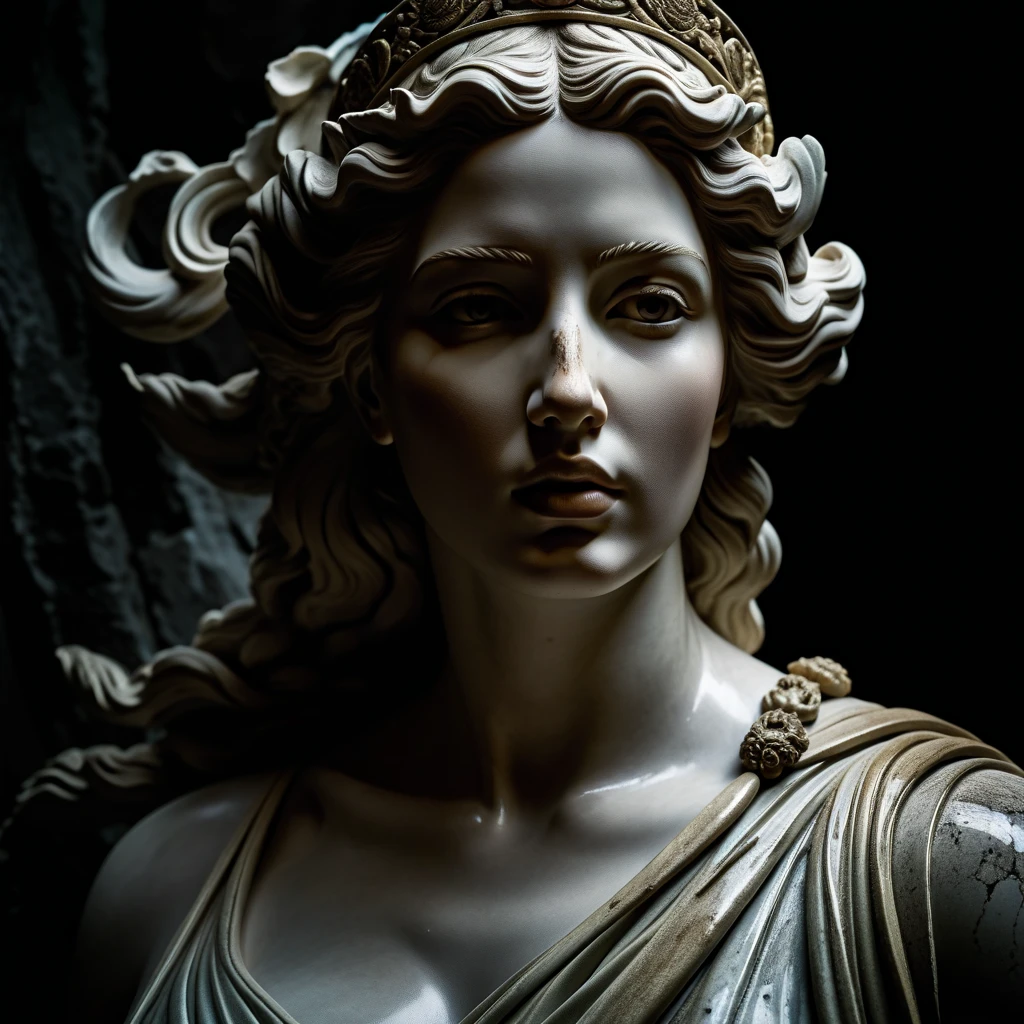 (photorealism:1.2)
A Greek statue of a woman with long hair and a crown on her head. The background is a heavy gray color.