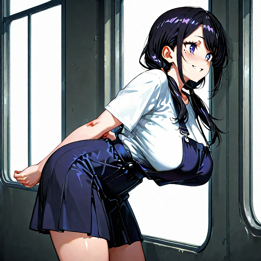(Highest quality), (masterpiece), 1080P, High resolution, 4K, 8k, Thigh straps, Shooting from directly below, The woman on top of me, Nipples, 白いSweat, Covered , Sweat, Woman looking down, Micro Bikini, Skirt swimsuit, Thigh-high socks, To achieve this, 16 years old, Small breasts, whole body, Black leather shoes, Braided hair, Inner Color, Embarrassed face, Short black hair, bracelet, Bedroom,celestial body_Vest
