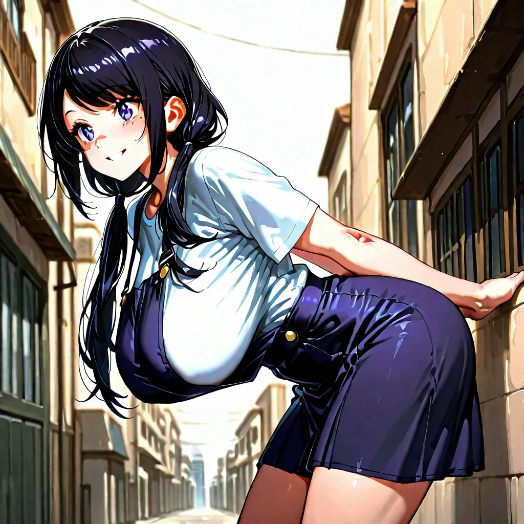 rinko,ponytail,mature female,large breasts, see through nipples,messy hair style,wavy long hair,blue hair, hair between eyes, purple eyes,cleavage,(grid girl, pink crop top, ultra miniskirt, bare shoulders) ,(sweat gleaming skin:1.1), (stadium background),outdoors,sunlight, spotlight effect,bright sky, blue sky with clouds,strong wind,(highres, high quality:1.1), intricate details, cinematic lighting, 1girl,(red blush,embarrassed from),(Necklace, bracelet),(Remote Play:1.2), (remote_vibrating:1.2), ((Hand holding a button at the bottom left of the screen:1.3))、dynamic pose,from below