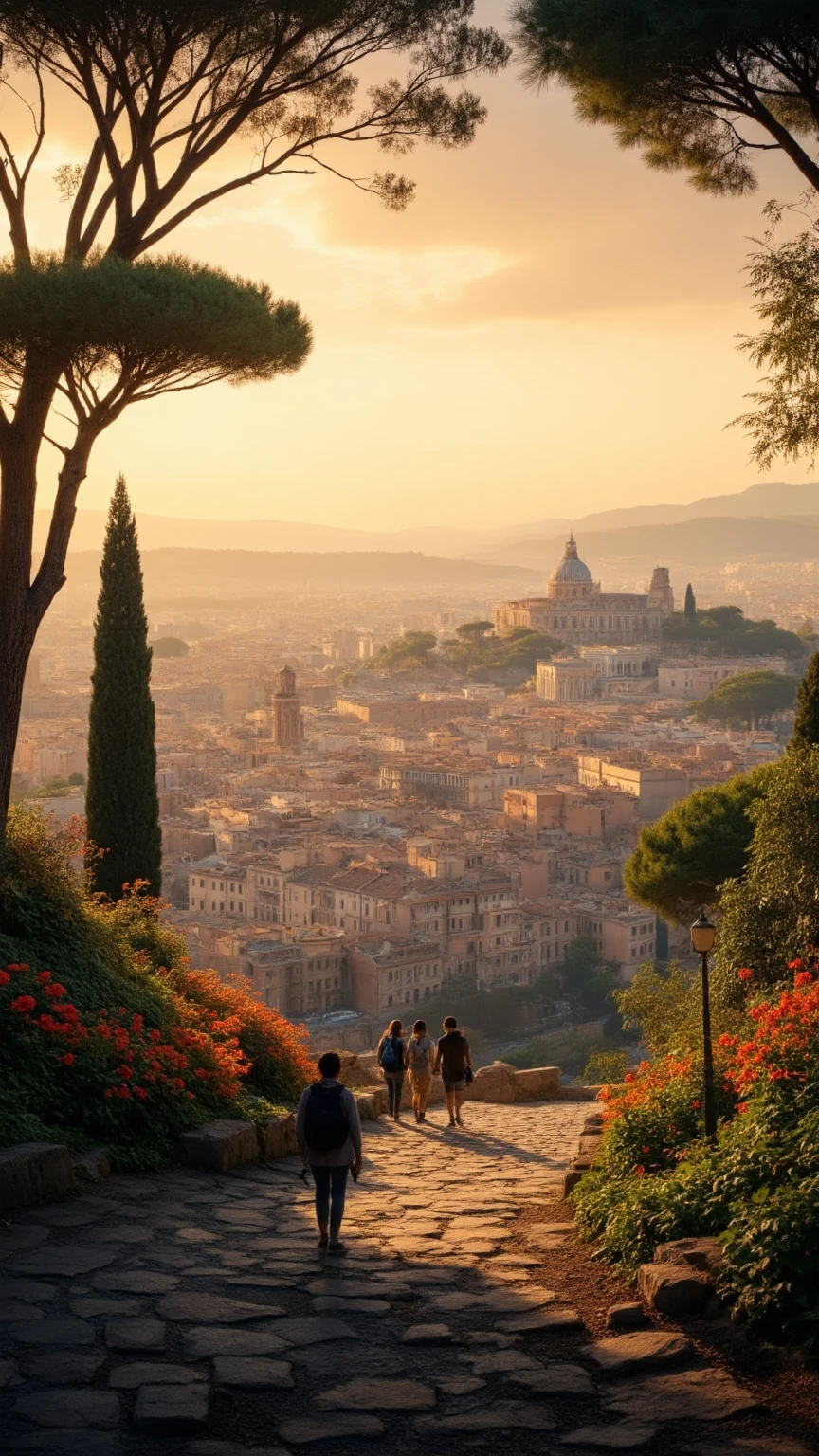highdefinition images、 Ancient Roman Empire、the cityscape of Rome、People Looking Down々、The Colosseum can be seen from the top of the hill、Flowers and trees々The beautiful cityscape of、 tree branch、8k、( High Quality Seven Colored Flowers )the city full of fantasy、the soft sunrise of the Roman Empire