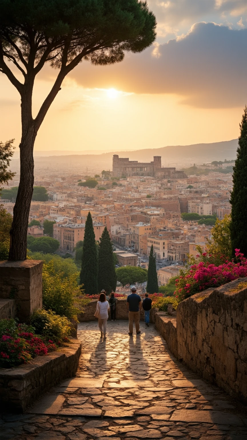 highdefinition images、 Ancient Roman Empire、the cityscape of Rome、People Looking Down々、The Colosseum can be seen from the top of the hill、Flowers and trees々The beautiful cityscape of、 tree branch、8k、( High Quality Seven Colored Flowers )the city full of fantasy、the soft sunrise of the Roman Empire