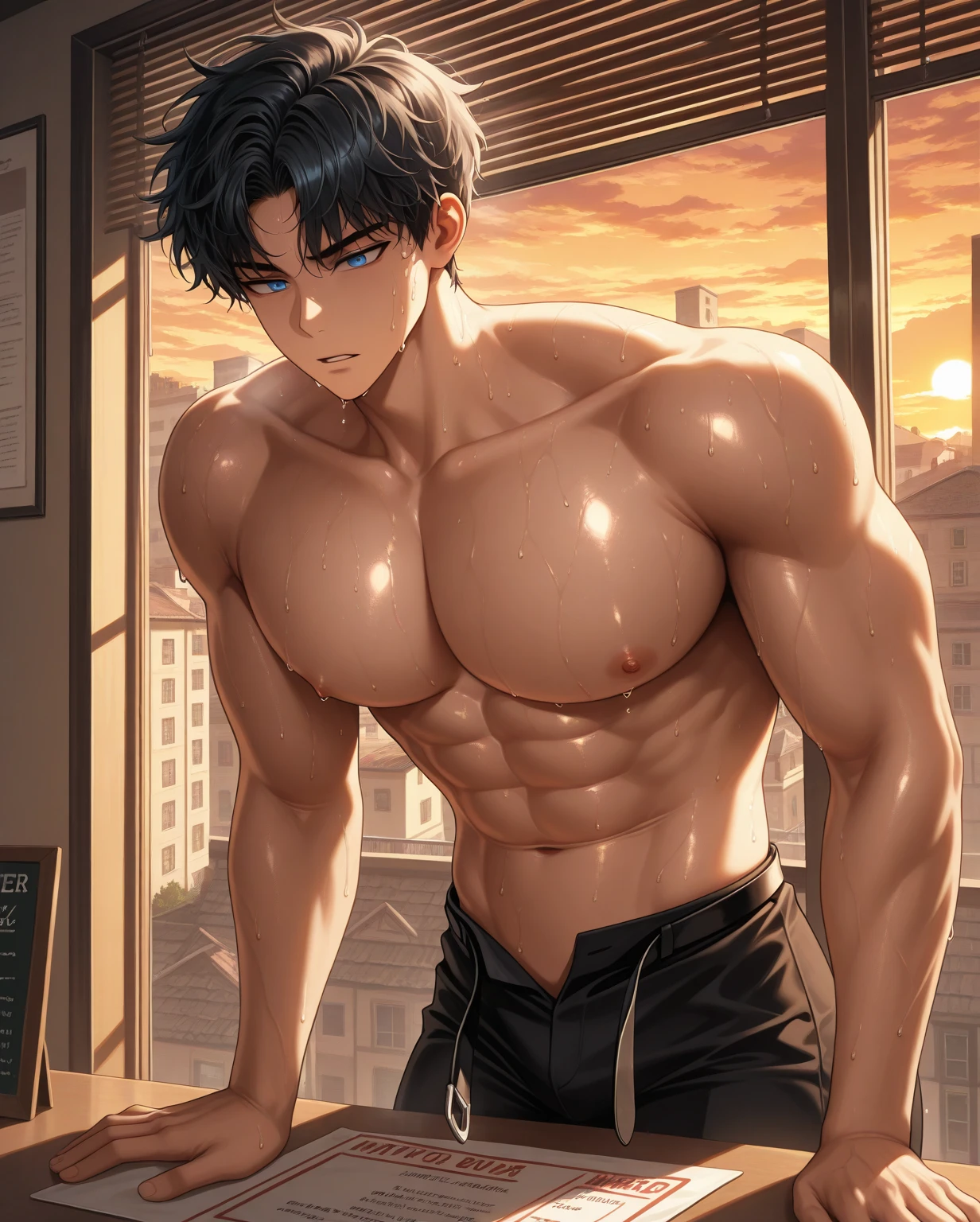 Chico, handsome, semi muscular, whole body, anime, school, going
