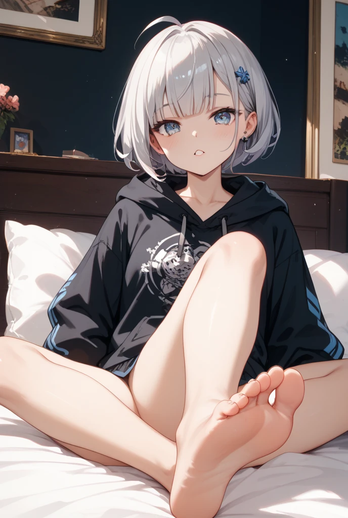 young, white hair, blue eyes, feet