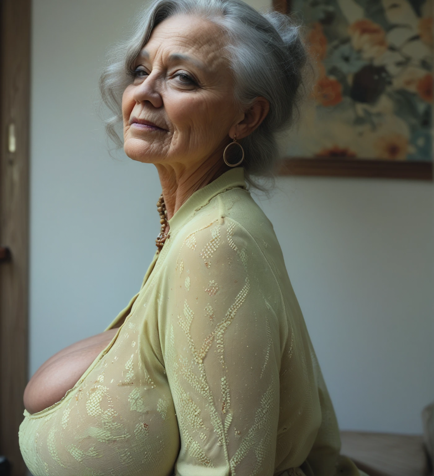 Beautiful elderly woman, cute,sexy,80 years old,,sexy,Wear a pearl necklace, old woman,Ultra big Big saggy soft:1.4, Breasts, Curly Hair, big nipples, mature nipples