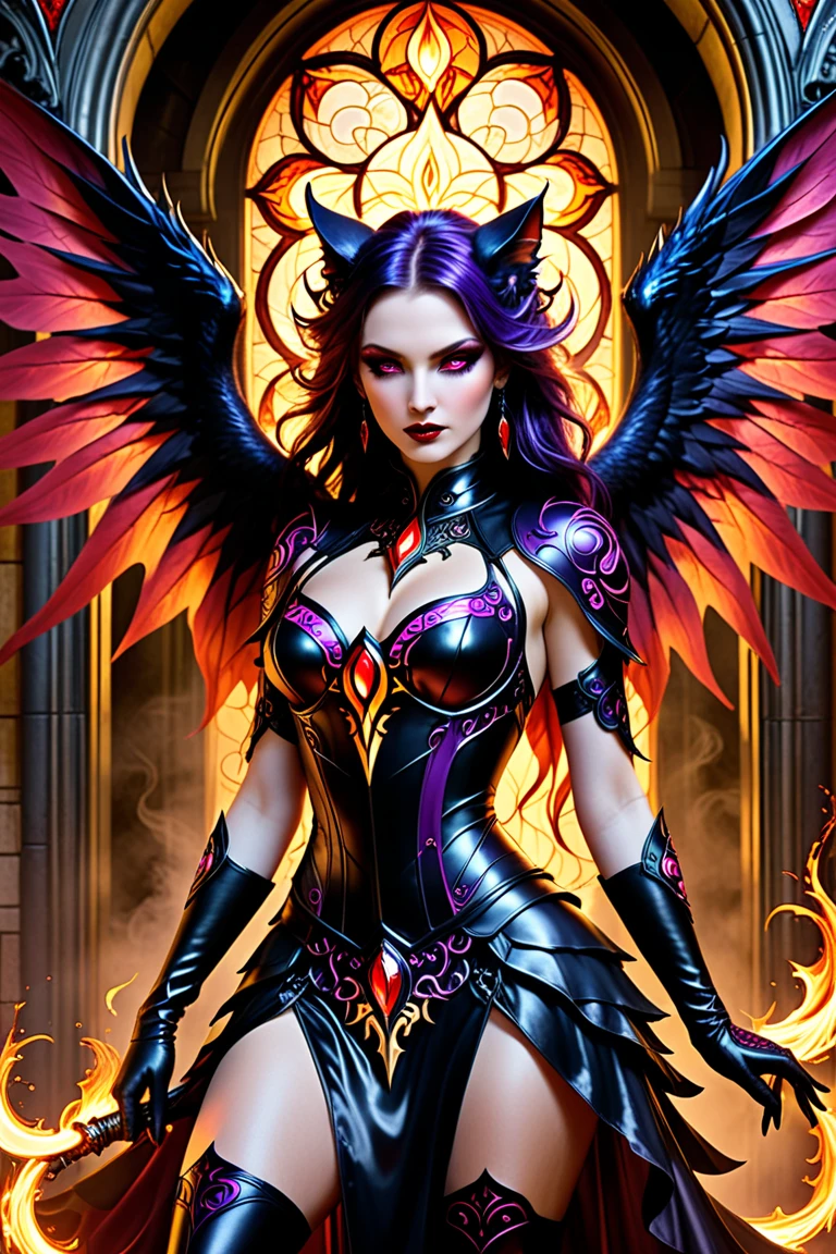 Arafed a dark glamour picture of the queen of demons in the halls of hell, full body shot, a demons queen magnificent and full of awe, black hair, long hair, flowing hair, bold intense eyes, extremely exquisite beautiful queen, perfect body, (anatomically correct: 1.3), ultra feminine, ultra detailed face, black lips, fiery glowing eyes, (demonic horns from head: 1.1) , (red skin: 1.3), dynamic angle, there is (golden crown on her head: 1.1), studded with diamonds and rubies, the hall of the queen of hell background, (masterpiece: 1.4) intense details, highly detailed, photorealistic, best quality, highres,16k, [ultra detailed], masterpiece, best quality, (extremely detailed), close up, ultra wide shot, photorealistic, RAW, fantasy art, dnd art, fantasy art, realistic art,((best quality)), ((masterpiece)), (detailed: 1.5) faize, intense gaze, ral-ntrgmstn, RedGlitter