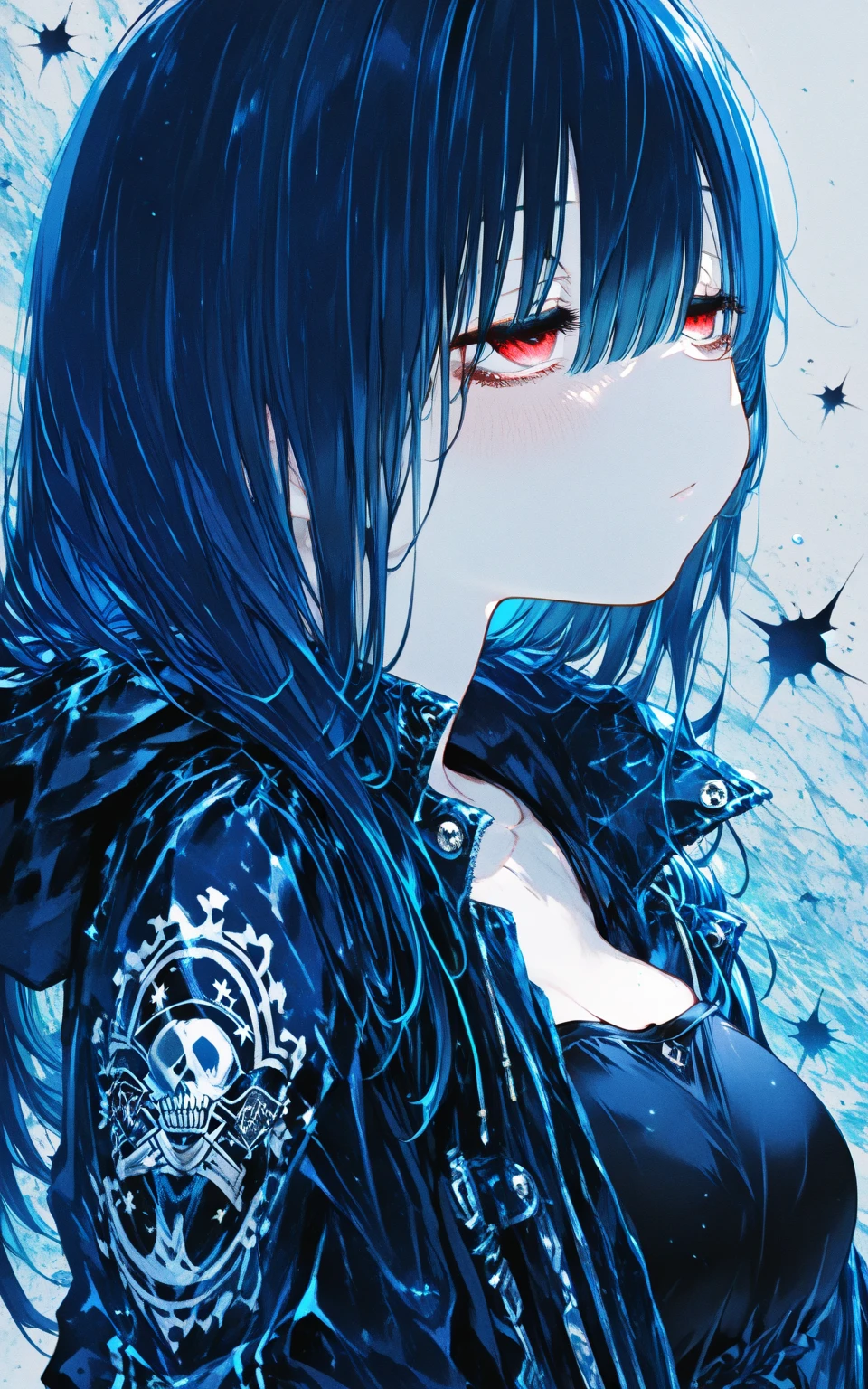 (official art,unity 8k wallpaper,ultra detailed,High quality,best quality), (zentangle, mandala, tangle, entangle:0.6),(blue black),flat color,limited palette,low contrast,(1girl:1.5),solo,serafuku,long straight black hair,lycoris flower,(goat skull:1.),(horror),(gloomy),(blue pigment:1.33),(hollow eyes:1.),(expressionless eyes:1.3),cowboy shot,