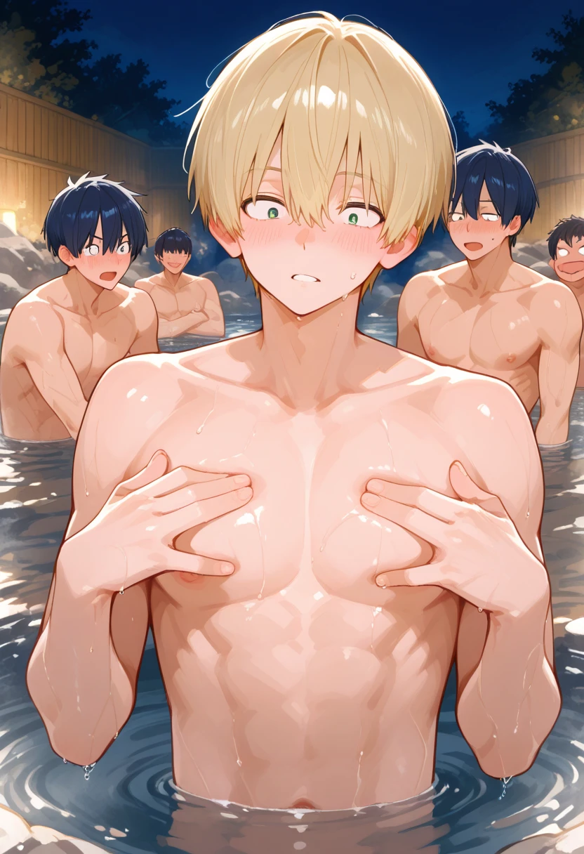 Nudist blonde lady sitting and despairing、A lot of close elementary school boys hugging each other、surround each other'neck of、Laughter and joy、In the men's bath in Japan、Group Selfies、Intense curiosity and shame、Leaning forward、Recorded video、from side