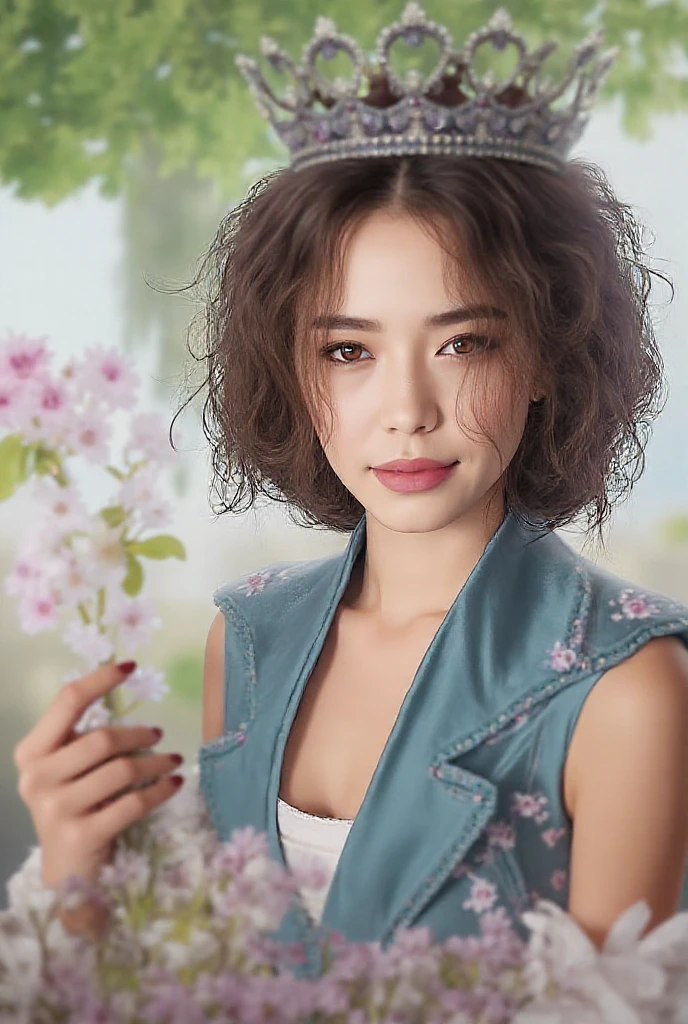 (Higher resolution, clearly_image) best quality, A woman, masterpiece, Very detailed, Semi-realistic, 21 years old, fair, young, Handsome, t-shirt, Lilac shirt pull, Collar around the neck, Internal, modern room, window, wake up, morning, blush, Smile