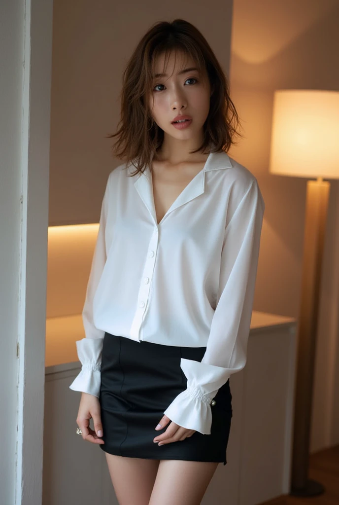 (shoulder-length straight short hair:0.9),(black hair:1.5),（Extremely meticulous CG 8k wallpaper），（Extremely refined and beautiful），（Masterpiece），（best qualtiy:1.0），（Ultra High Resolution:1.0），beautiful light up，Perfect lightning,realistic shaded，[A high resolution],(Smooth and flawless fair skin:1.5),(shiny skin:1.5),Extremely exquisite facial details，ultra - detailed,A  girl，small head,dawn,dim light,Close Shot,at home,in bedroom,Sitting next to the dressing table,Many cosmetics are on the dressing table,laughing,happy,small face,(perfect body:1.1),small breasts，flat chest，slim,(white silk pajama shirt:1.5),(femal orgasmic:1.5),(blush:1.3),cowboy shot,portrait,from front