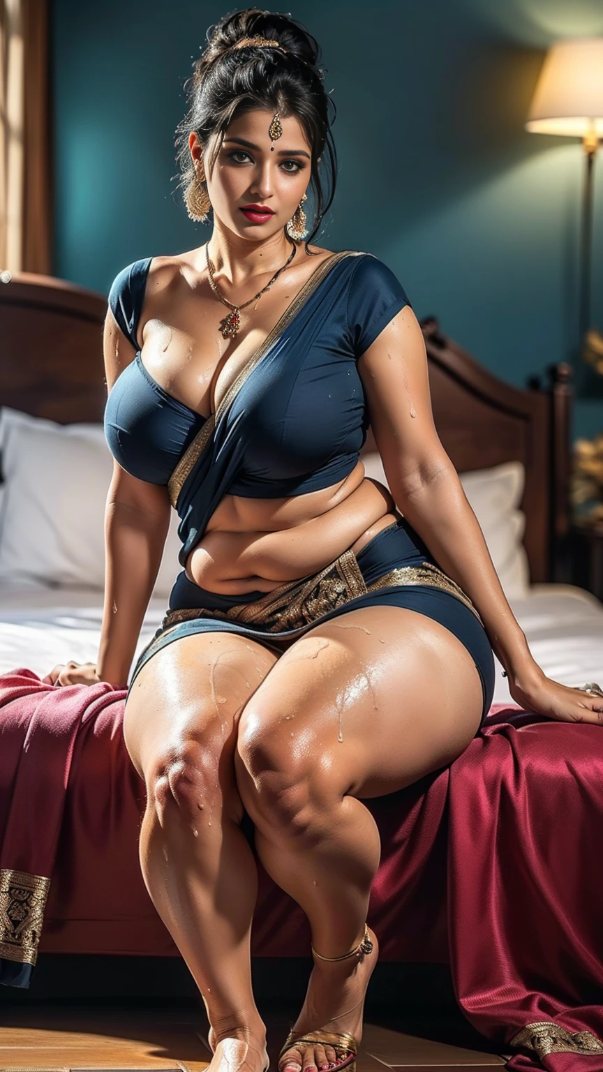 Day scene, full body photo of a indian with a man from top view, (Masterpiece, Best Quality, High Resolution), bedroom Background, (cum Splash on her breasts and nipples, cum Splash on her face, Splash of cum, cum Splash on her blouse, cum Splash on her eys), Sweet South indian women sitting on her knees on a bed with a man, hour glass body red lips, blue colour silky saree, lightly makeup,ultra realistic, realistic, look at viewer (cinematic:1.3), intricate details,