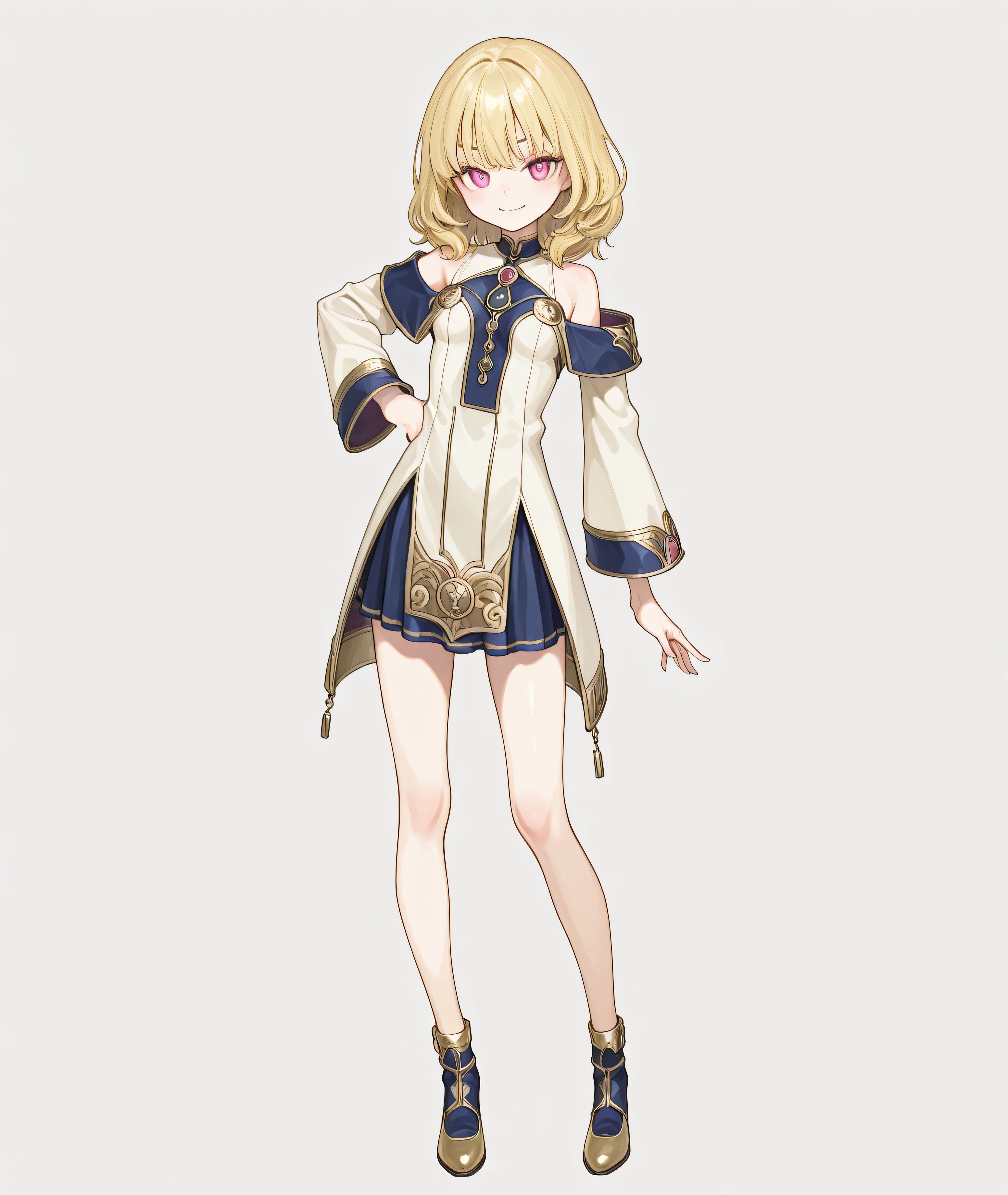 8K、best quality face、best quality eye、High Quality Eye Drawings、simple background、White Background、Top Quality Detailed Illustrations, high resolution、Western Fantasy、Cute 1 girl、Smile、petite body、、1people、solo、Small Breasts、slender、Blonde、 medium hair、pink eyes、Standing、Attractive appearance、 sneering, Arrogant attitude、いたずら好きなpeopleの顔、{{Please narrow your eyes}} 、Shorten your legs、Dark Eyebrows、Full Body、wearing a bright yellow luxury magician robe with embroidery、bright yellow luxury magician costume、Parker、short skirt、accurate hand depiction、