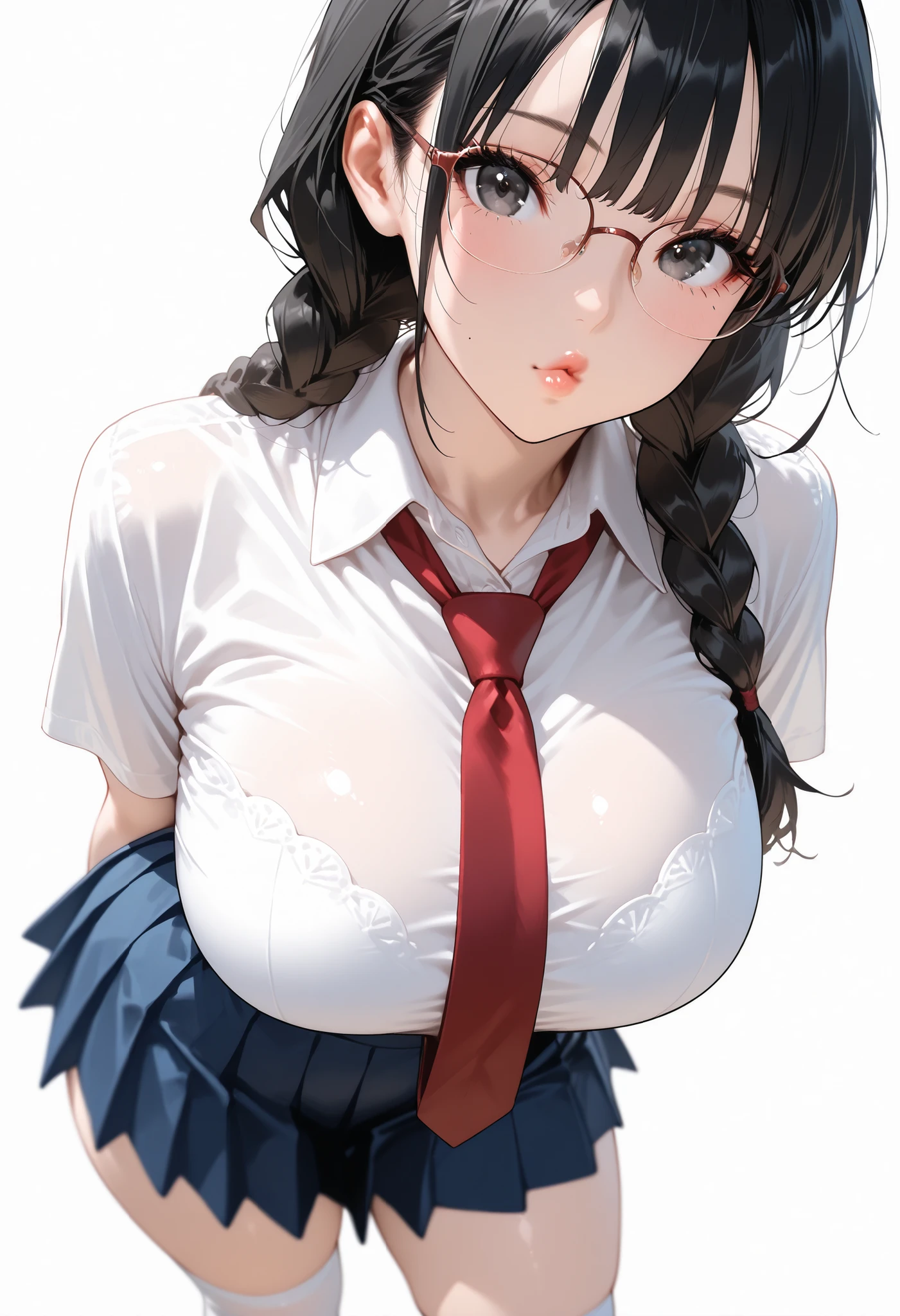 20 years old,1 mature woman,hyperrealistic, 8k, (extremely detailed 8k), (very delicate and beautiful), (masterpiece), (better quality:1.0), (ultra high resolution:1.0), (masterpiece, best quality),cute,black hair,big breasts,ponytail,POV,,full body,white background,realistic skin,looking at viewer,collared shirt, pleated skirt, , bow