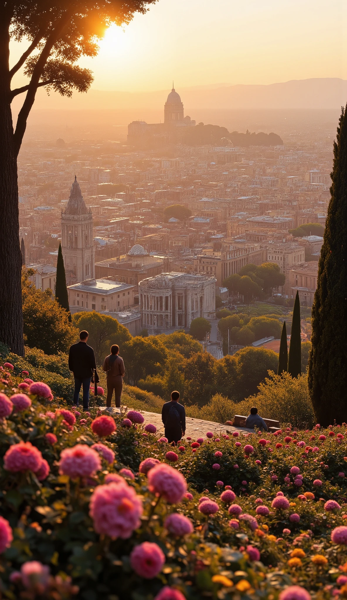 highdefinition images、 Ancient Roman Empire、the cityscape of Rome、People Looking Down々、The Colosseum can be seen from the top of the hill、Flowers and trees々The beautiful cityscape of、 tree branch、8k、( High Quality Seven Colored Flowers )the city full of fantasy、the soft sunrise of the Roman Empire