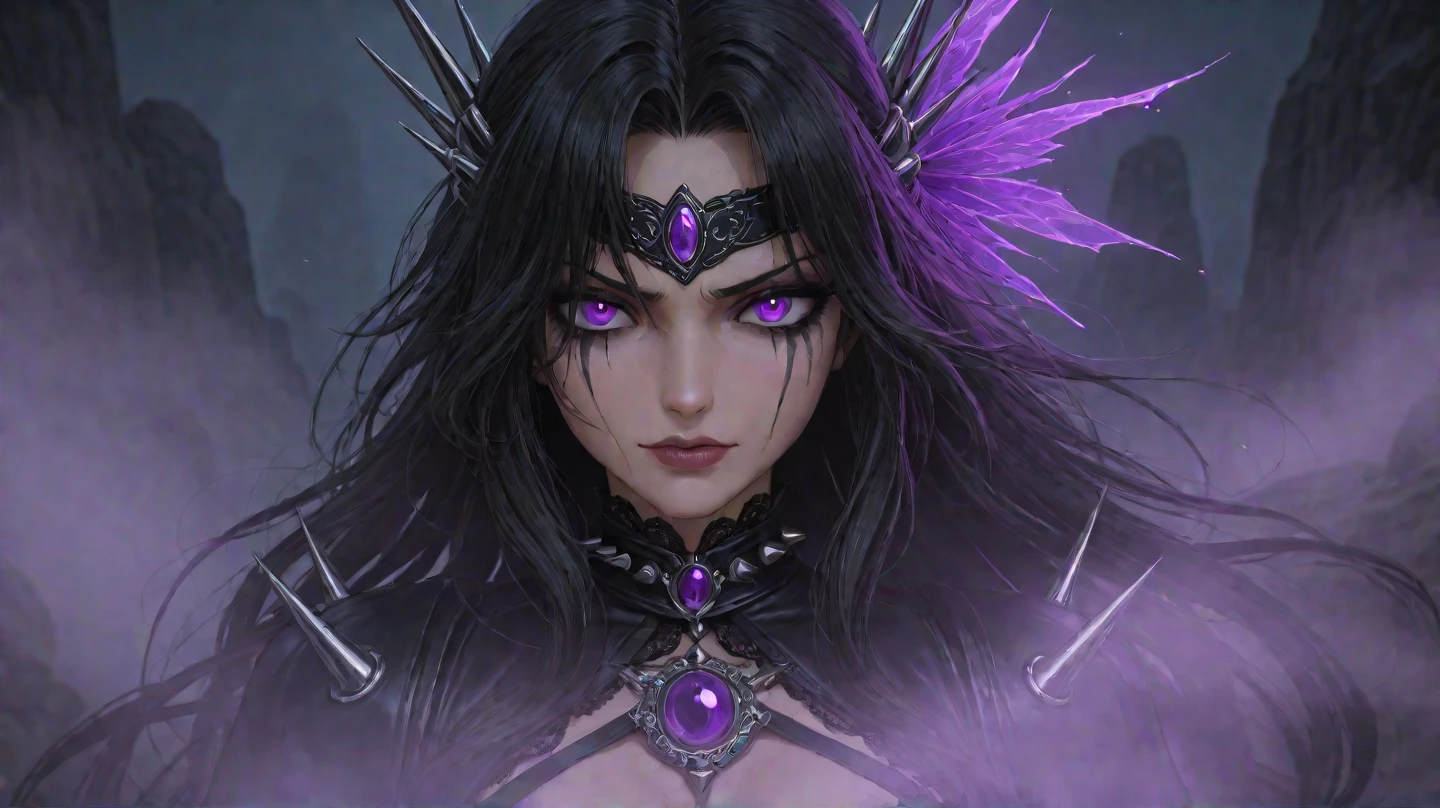 Powerful super villainess posing for a close up, goddess in black outfit (bare shoulders), long flowing purple hair, looking at viewer, highly detailed face, perfect hands, blue smoke swirling around her, loves being evil, mesmerizing blue eyes, dark fantasy, real, symmetrical, high detail, best quality
