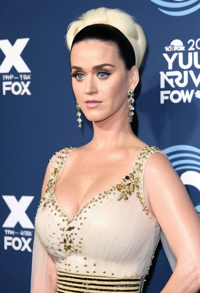Katy Perry wearing a long tight dress with a large v-neckline smiling