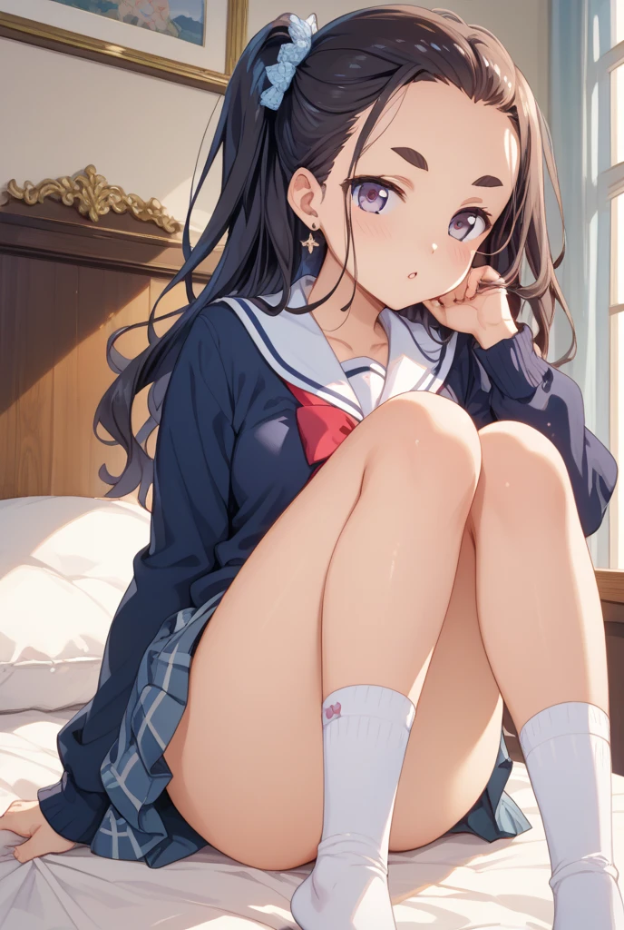 Masterpiece Top Quality High Resolution、Anna Tanaka , Long hair, Sit with your knees bent、Eight-headed body、beauty legs 、in a school、(As if looking up from below)、Ashamed、White lace panties、
